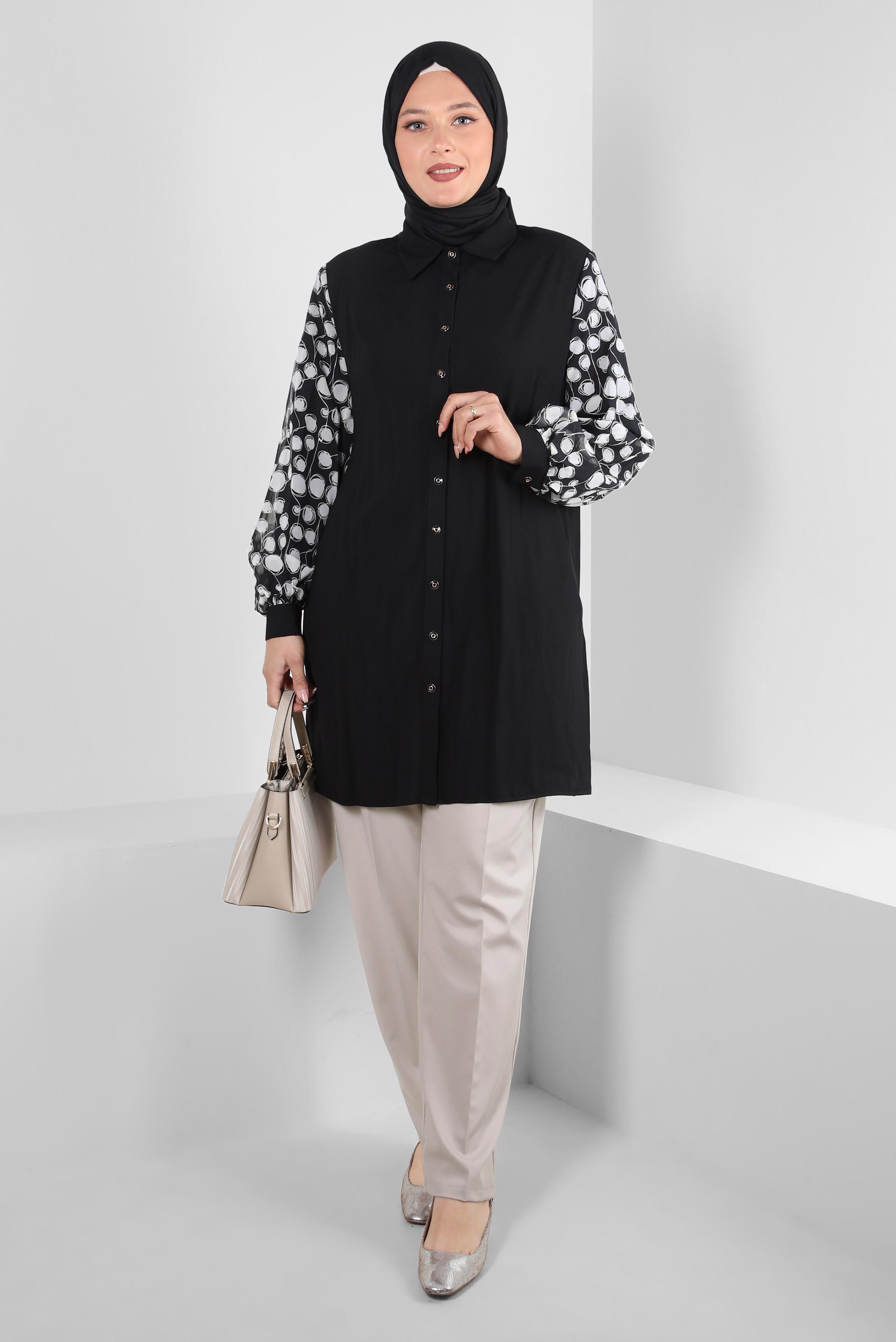 Vêtements hijab NOIR TUNIQUE CHEMISE À MANCHES À MOTIFS 20255
