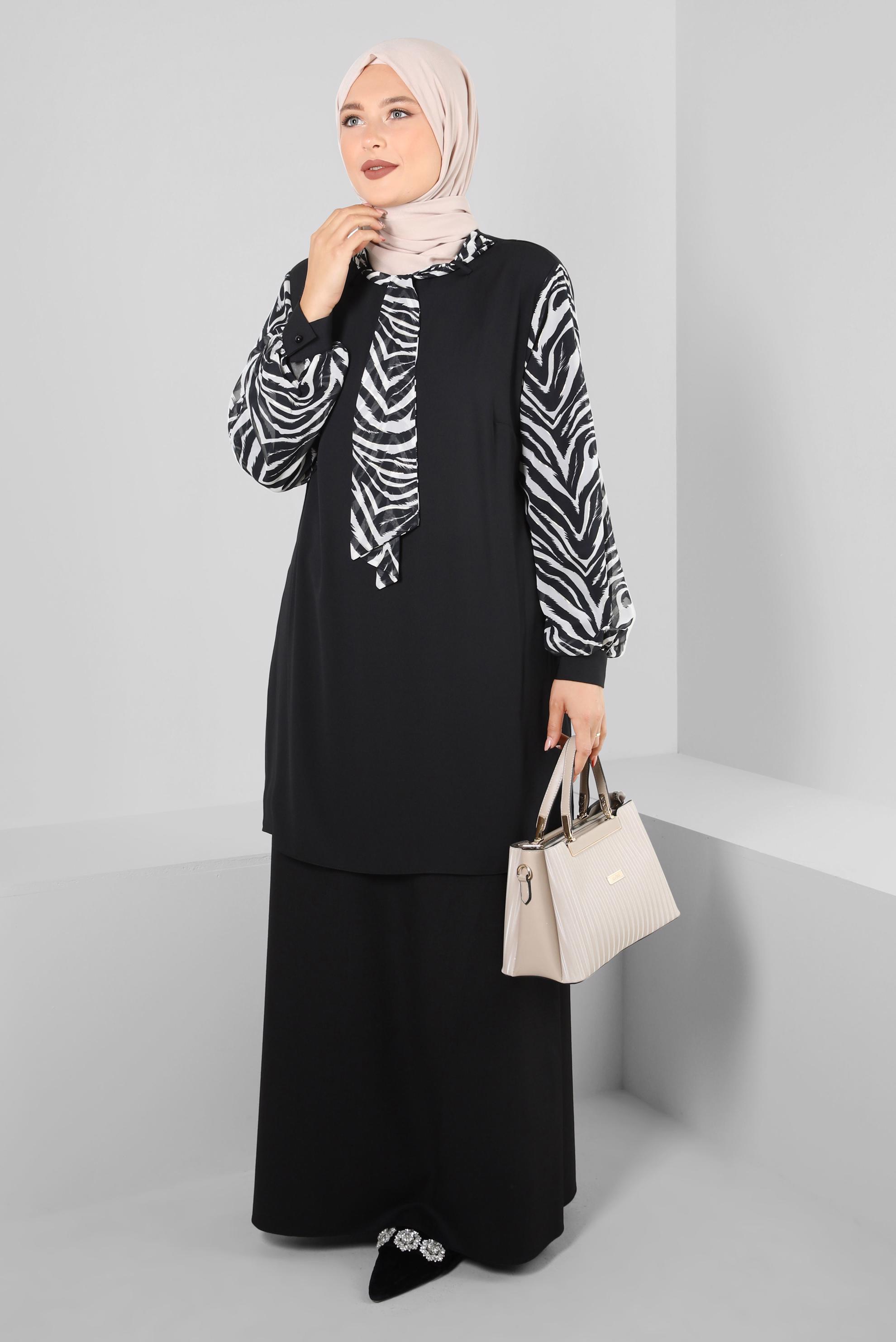 Hijab clothing BLACK PATTERNED SCARF COLLAR AEROBIN TUNIC 20256