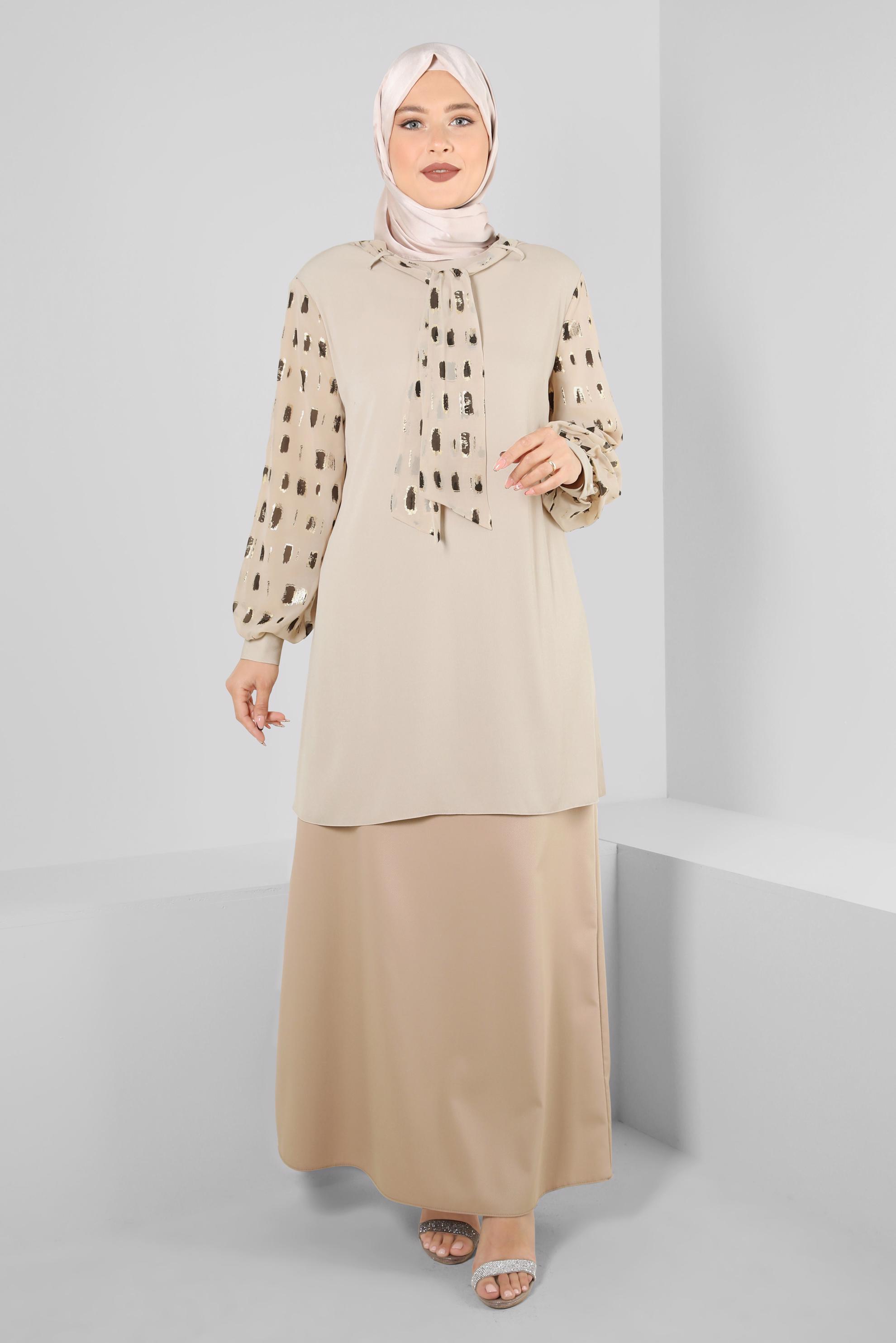 Vêtements hijab BEIGE TUNIQUE AEROBIN COL FOULARD MOTIF 20256