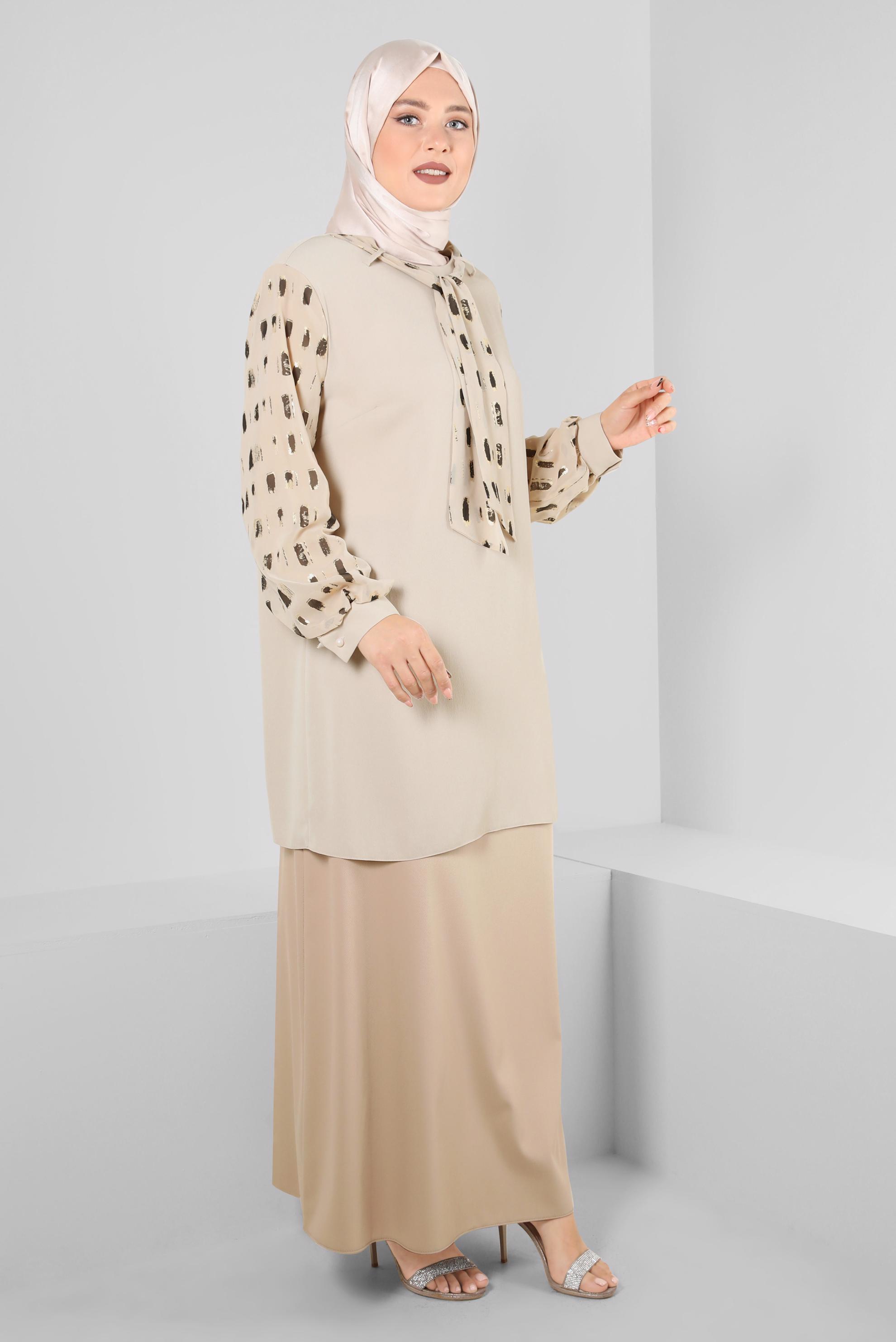 Vêtements hijab BEIGE TUNIQUE AEROBIN COL FOULARD MOTIF 20256