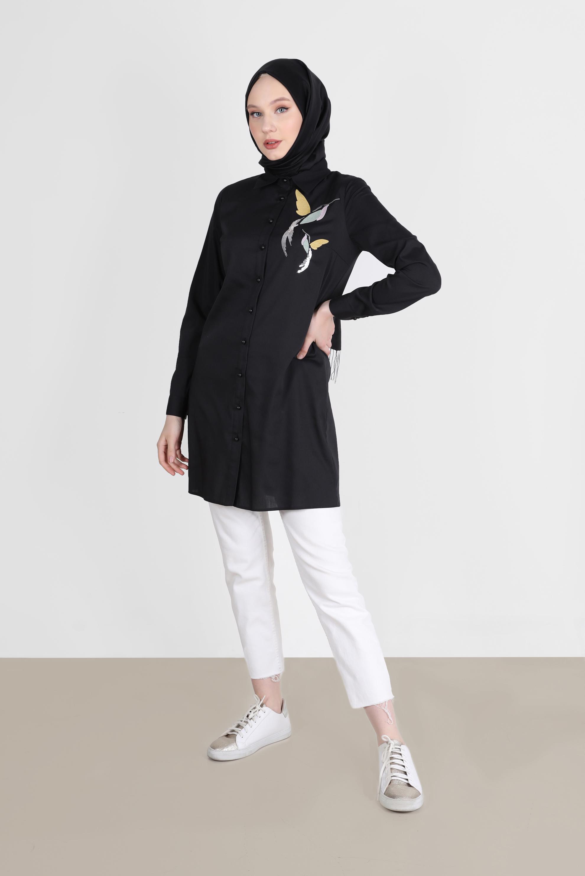 Tesettür giyim SİYAH BASKI DETAYLI TUNİK 41627 