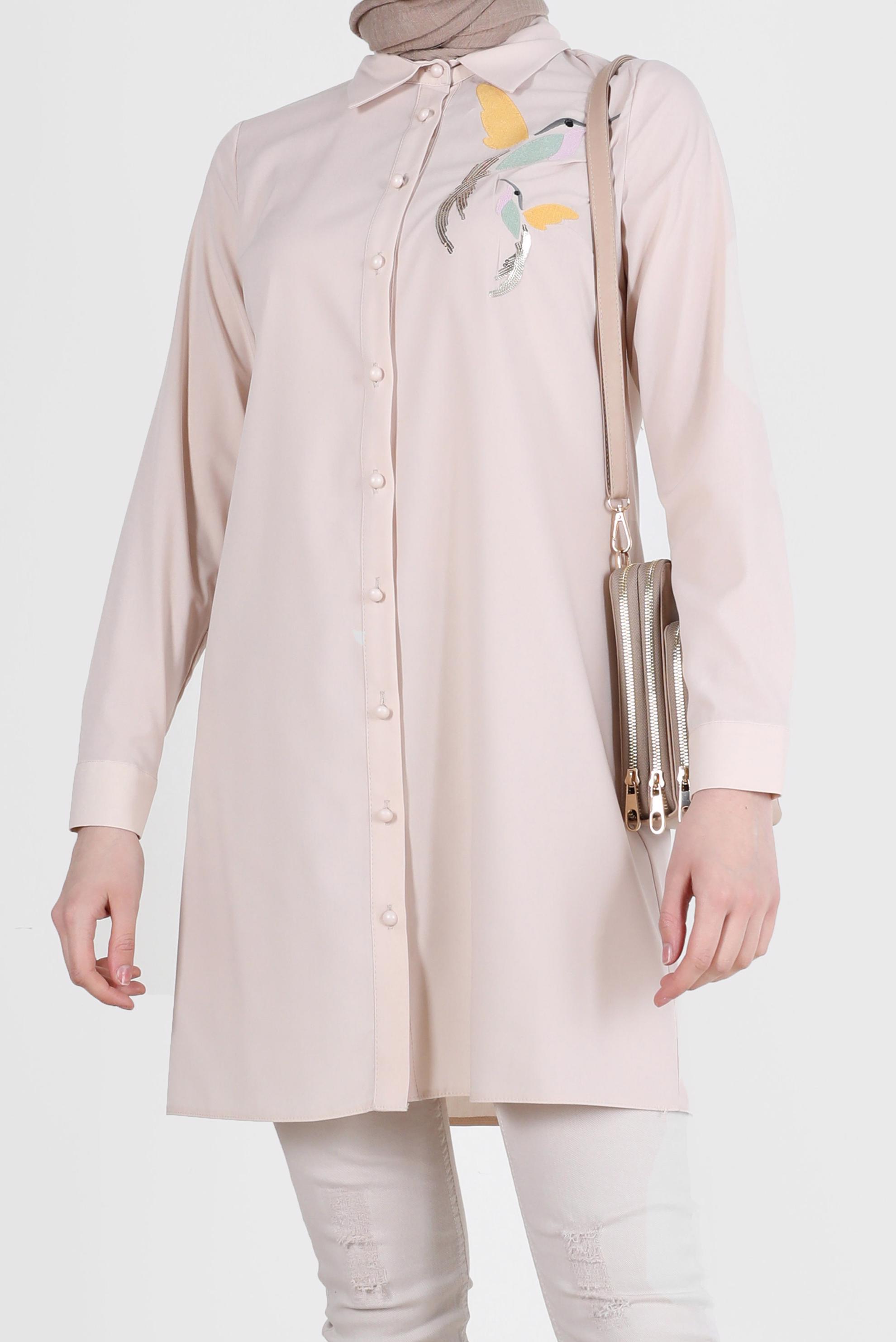 Tesettür giyim BEJ BASKI DETAYLI TUNİK 41627 