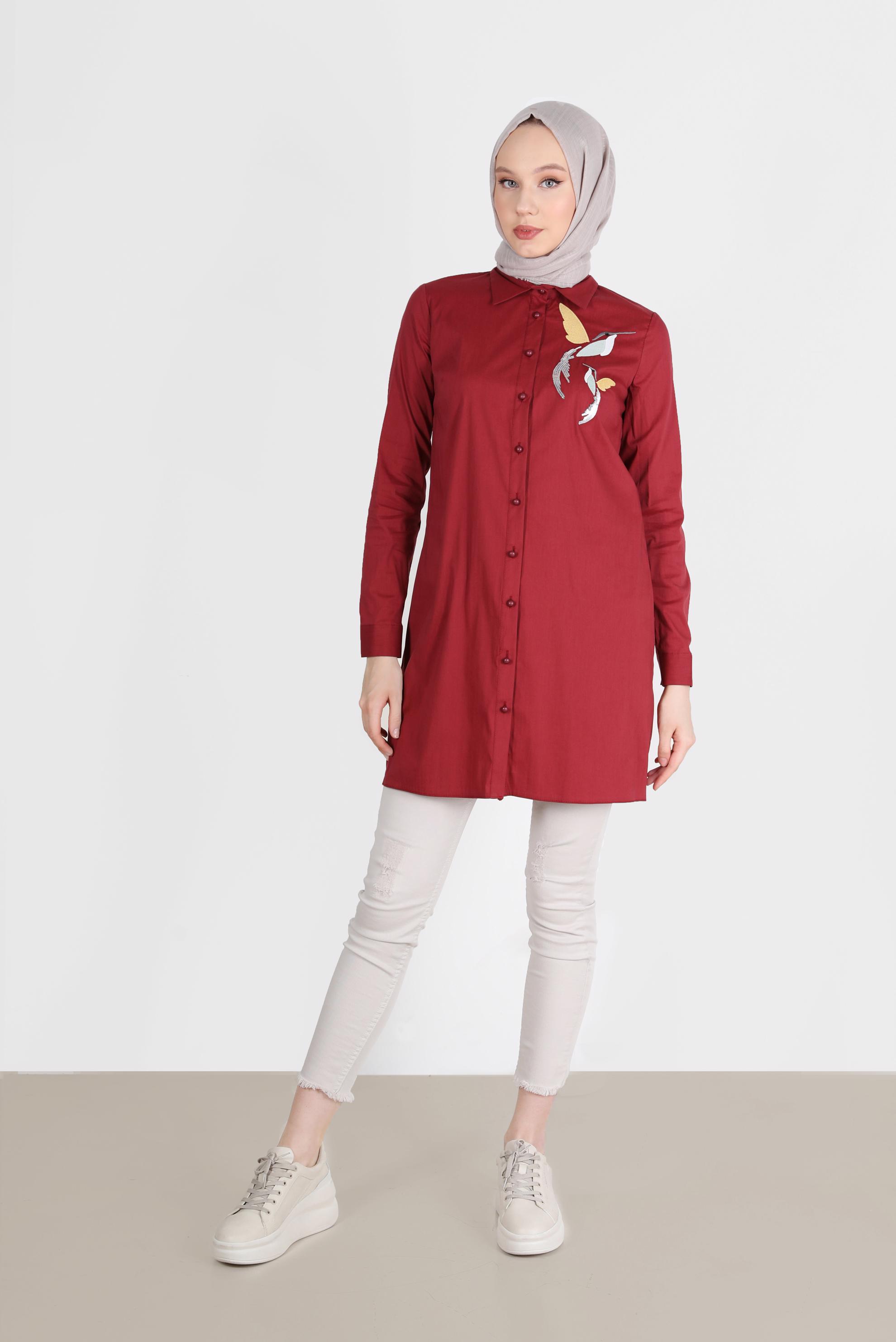 Tesettür giyim BORDO BASKI DETAYLI TUNİK 41627 