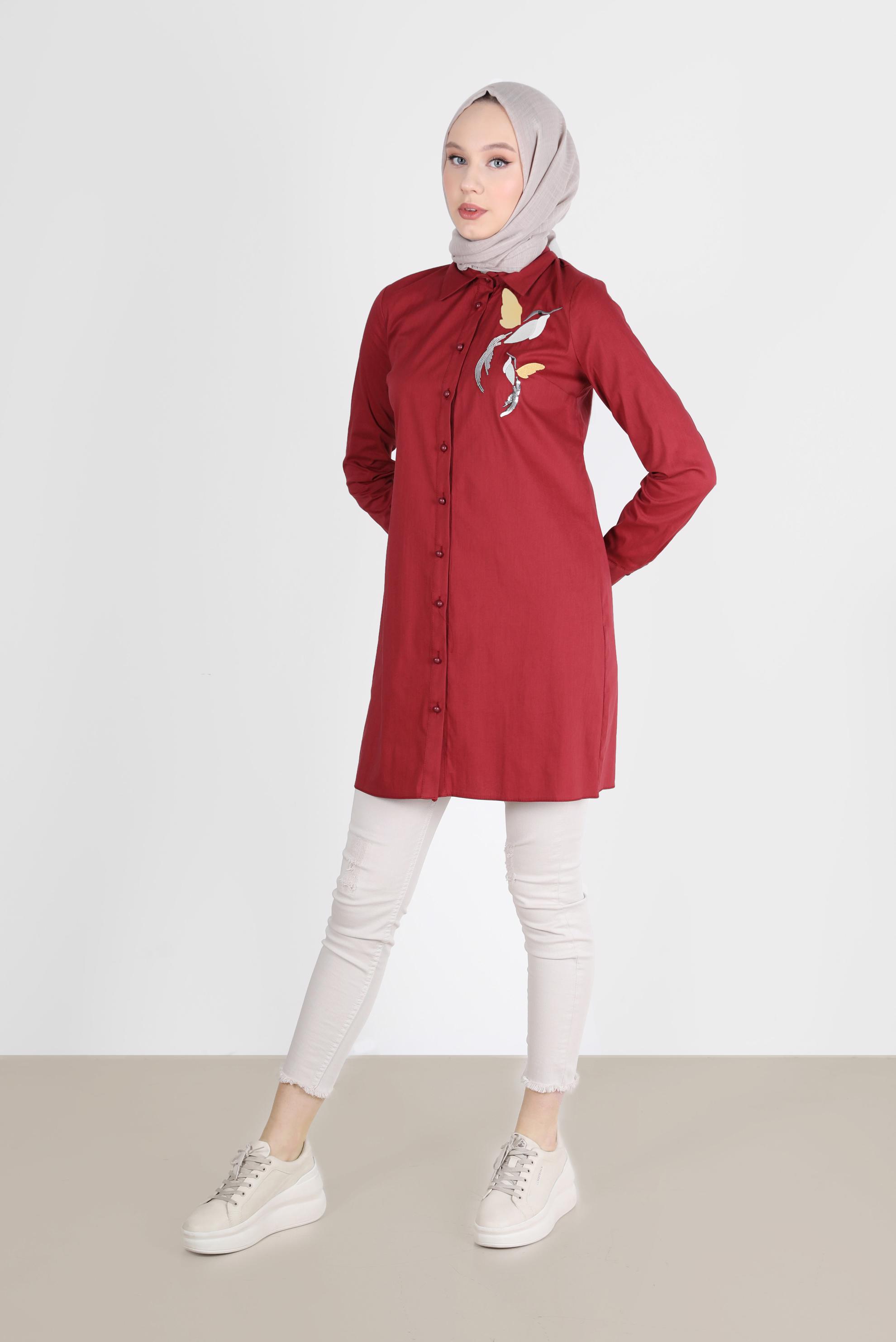 Tesettür giyim BORDO BASKI DETAYLI TUNİK 41627 