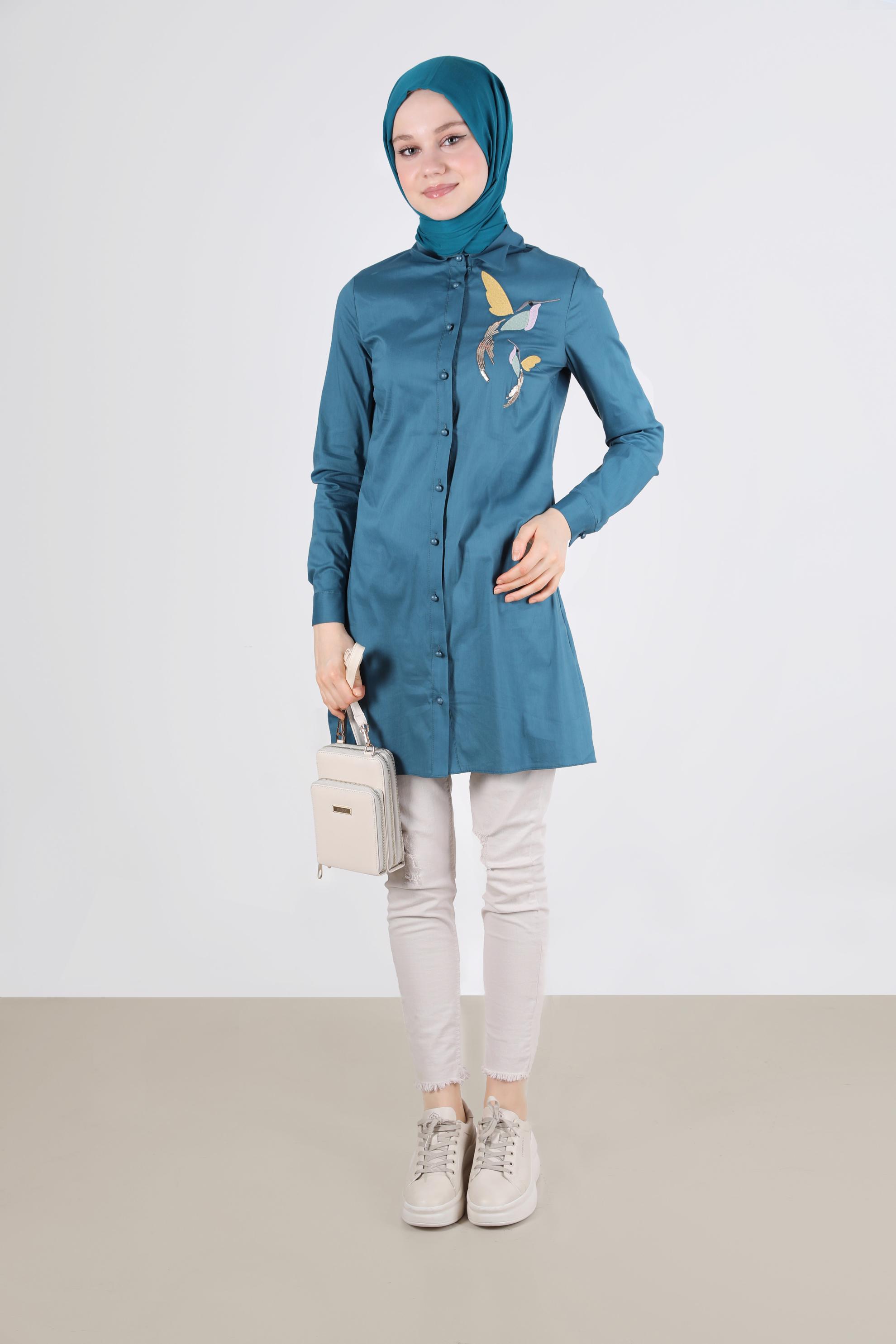 Tesettür giyim MAVİ BASKI DETAYLI TUNİK 41627 