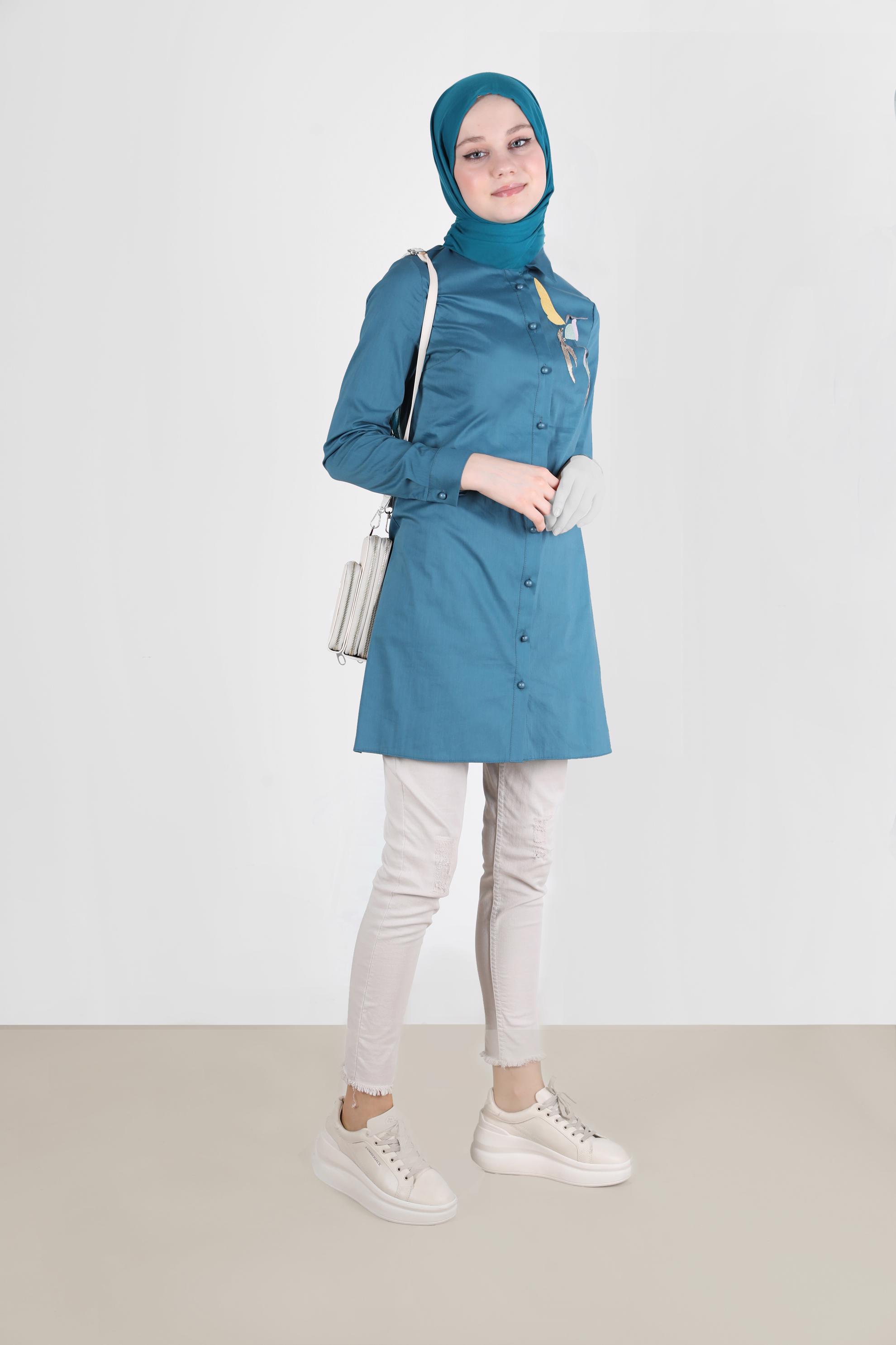 Tesettür giyim MAVİ BASKI DETAYLI TUNİK 41627 