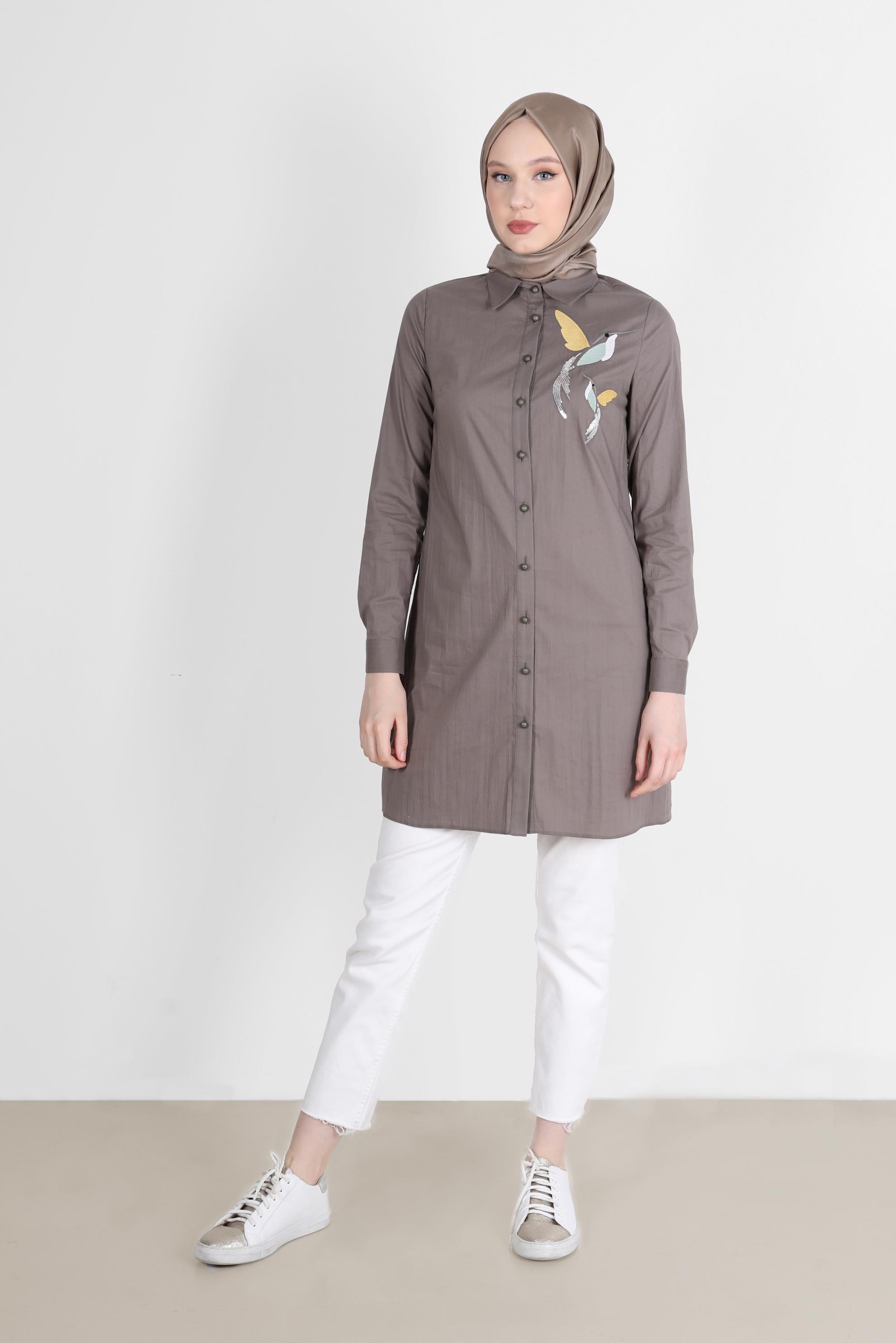 Tesettür giyim VİZON BASKI DETAYLI TUNİK 41627 