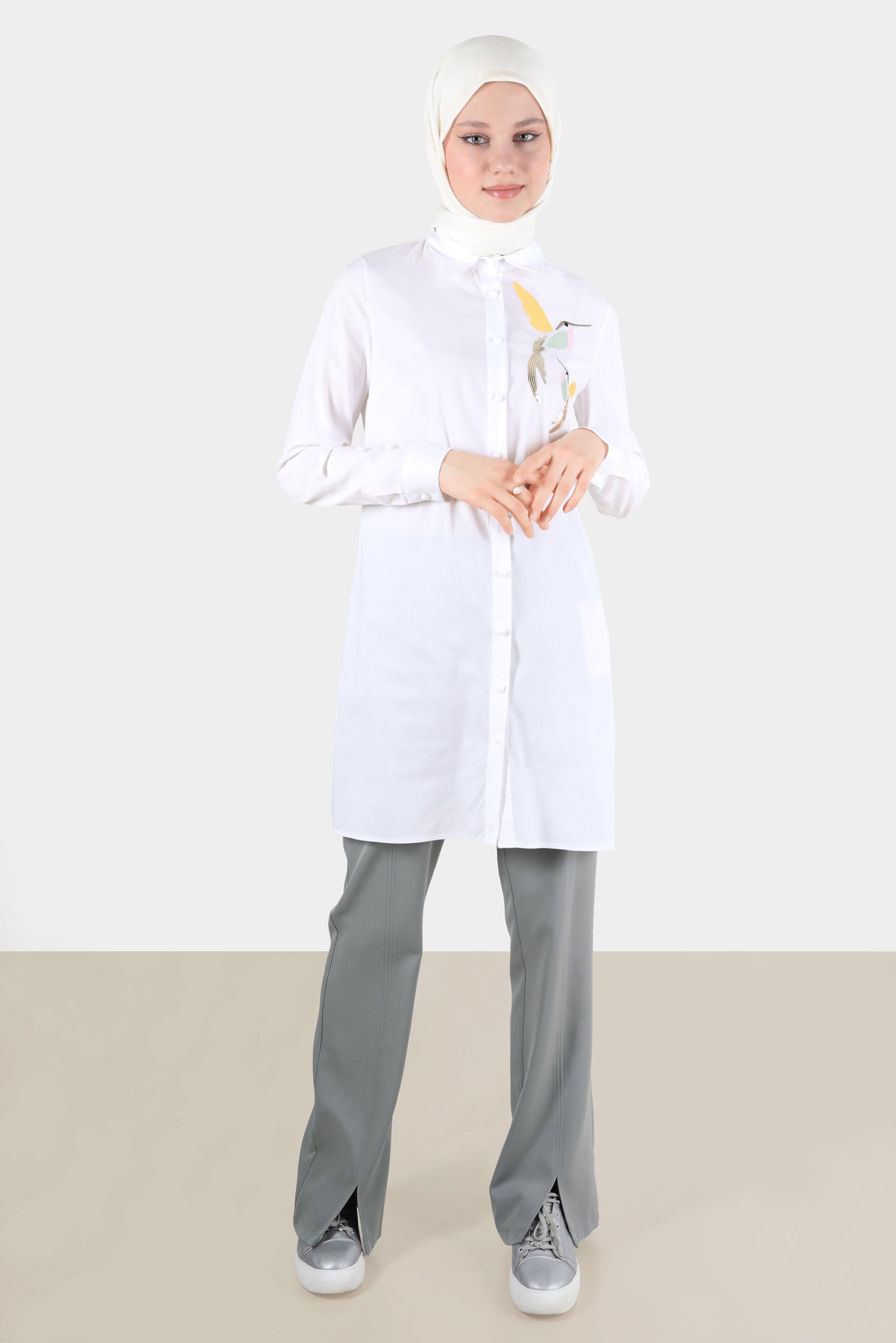 Tesettür giyim BEYAZ BASKI DETAYLI TUNİK 41627 