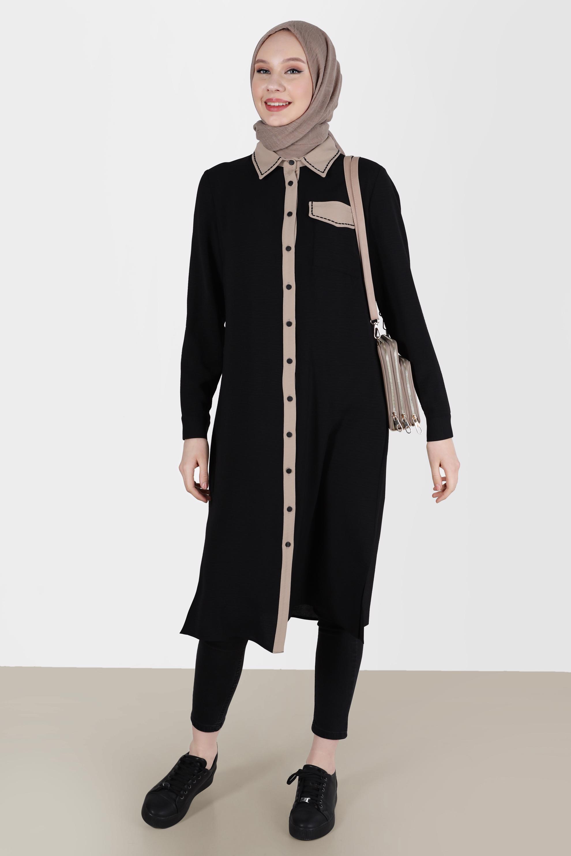 Tesettür giyim SİYAH BOYDAN DÜĞMELİ İKİ RENKLİ TUNİK 41727