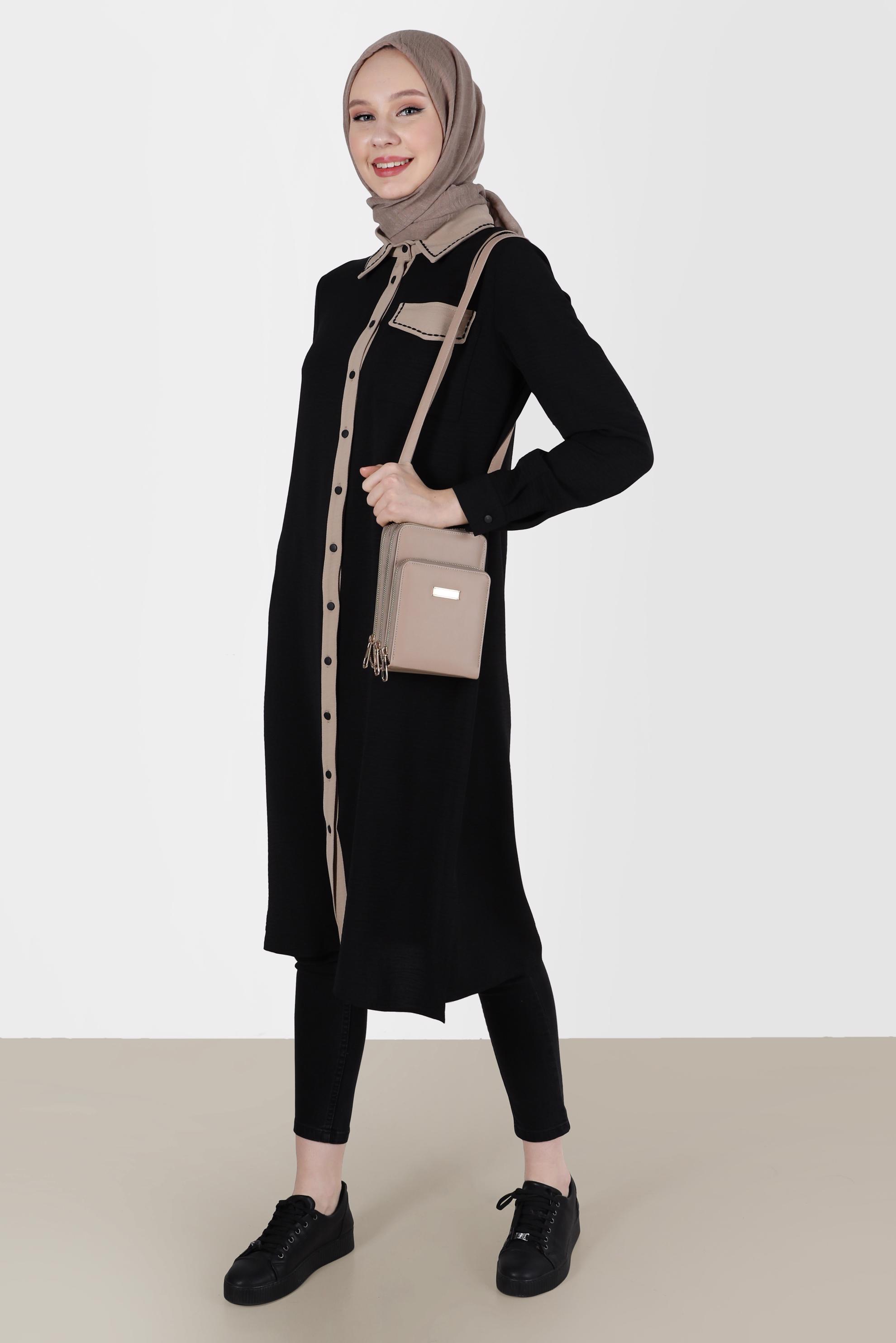 Tesettür giyim SİYAH BOYDAN DÜĞMELİ İKİ RENKLİ TUNİK 41727