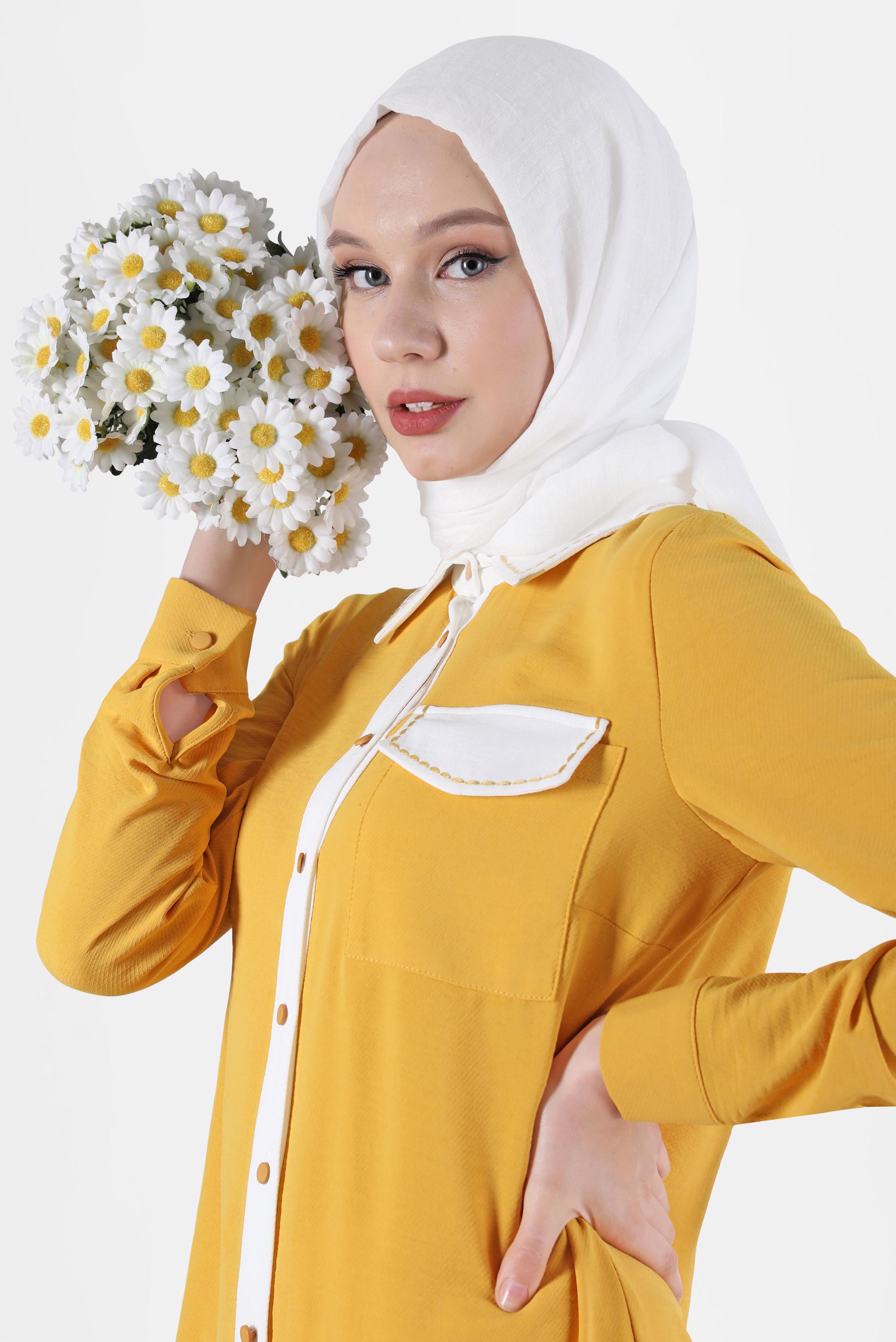 Tesettür giyim SARI BOYDAN DÜĞMELİ İKİ RENKLİ TUNİK 41727