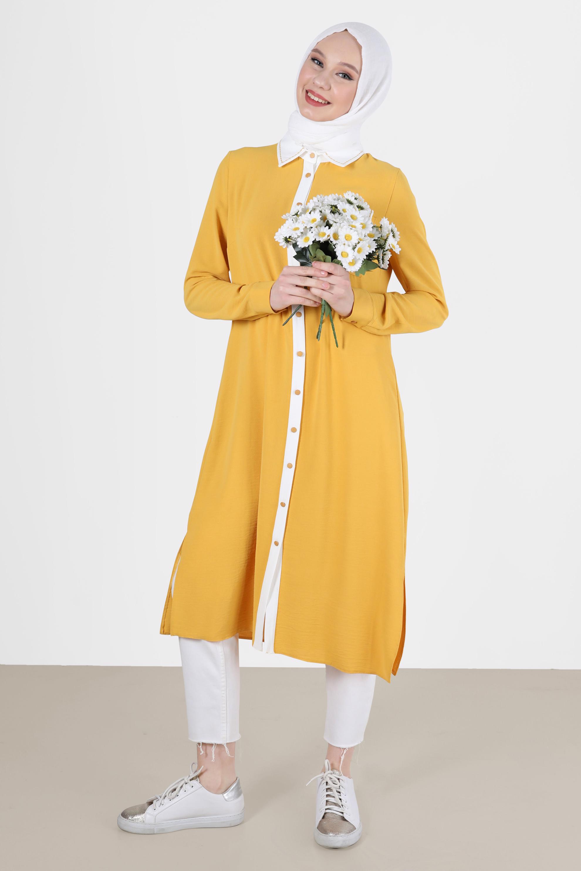 Tesettür giyim SARI BOYDAN DÜĞMELİ İKİ RENKLİ TUNİK 41727