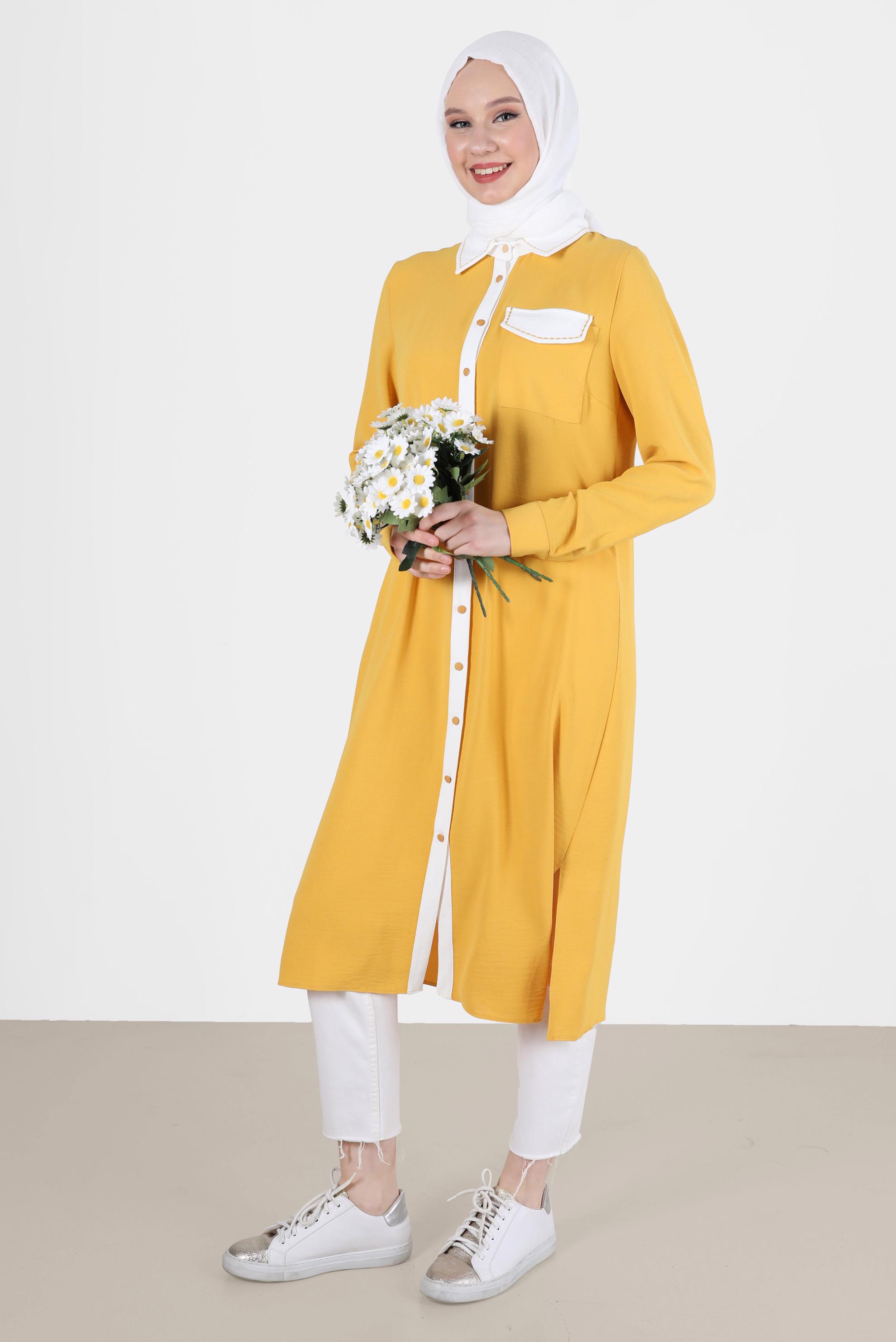 Tesettür giyim SARI BOYDAN DÜĞMELİ İKİ RENKLİ TUNİK 41727