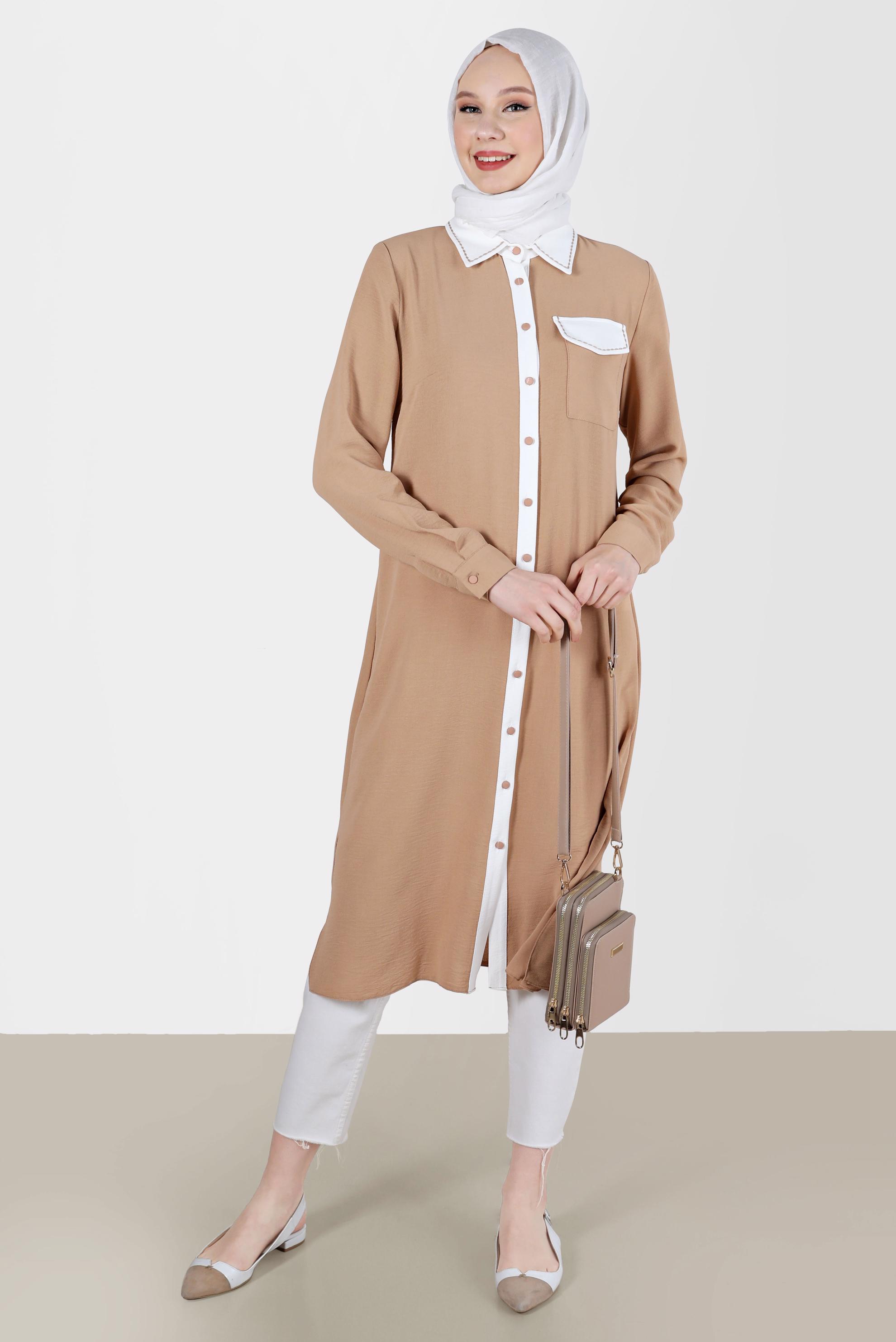 Tesettür giyim KAHVE BOYDAN DÜĞMELİ İKİ RENKLİ TUNİK 41727