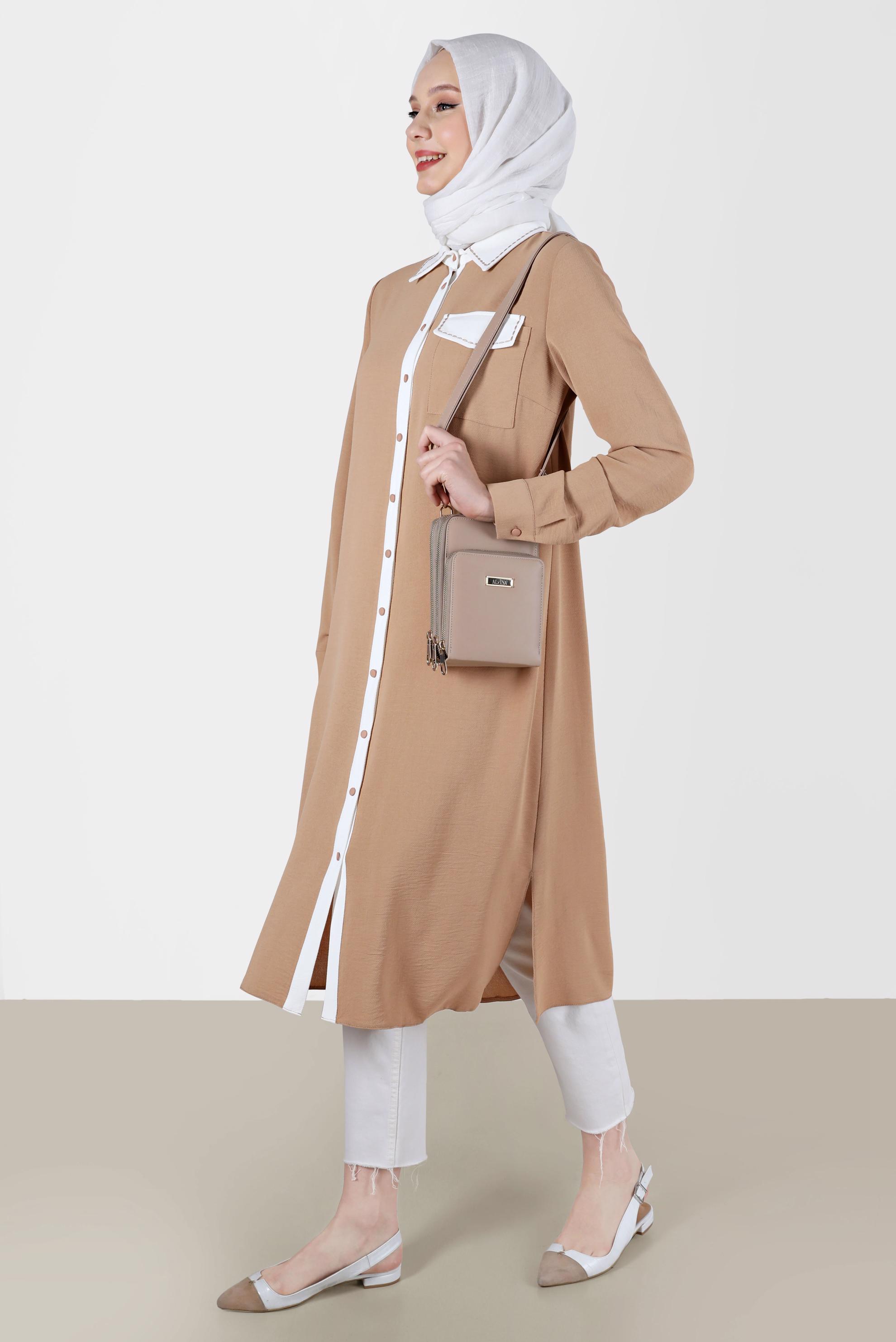 Tesettür giyim KAHVE BOYDAN DÜĞMELİ İKİ RENKLİ TUNİK 41727