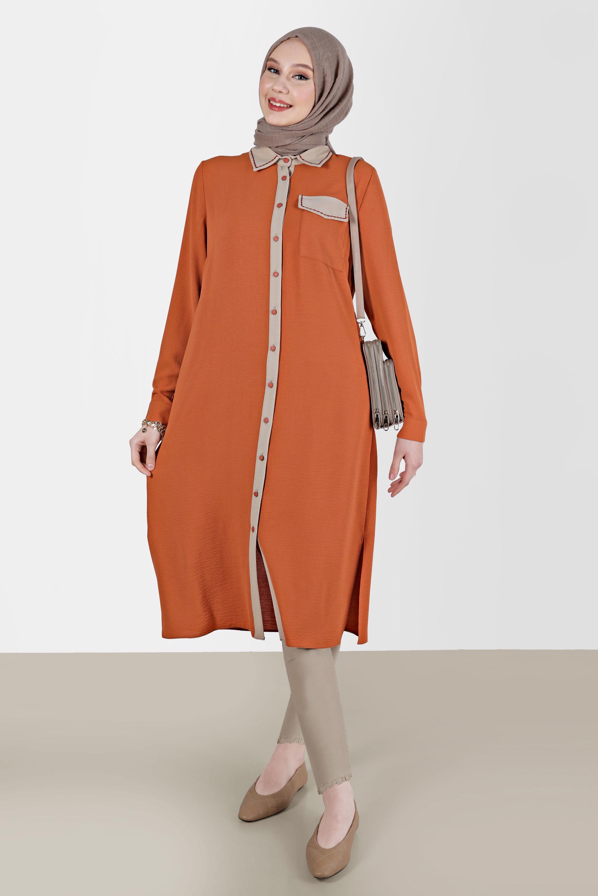 Tesettür giyim TABA BOYDAN DÜĞMELİ İKİ RENKLİ TUNİK 41727