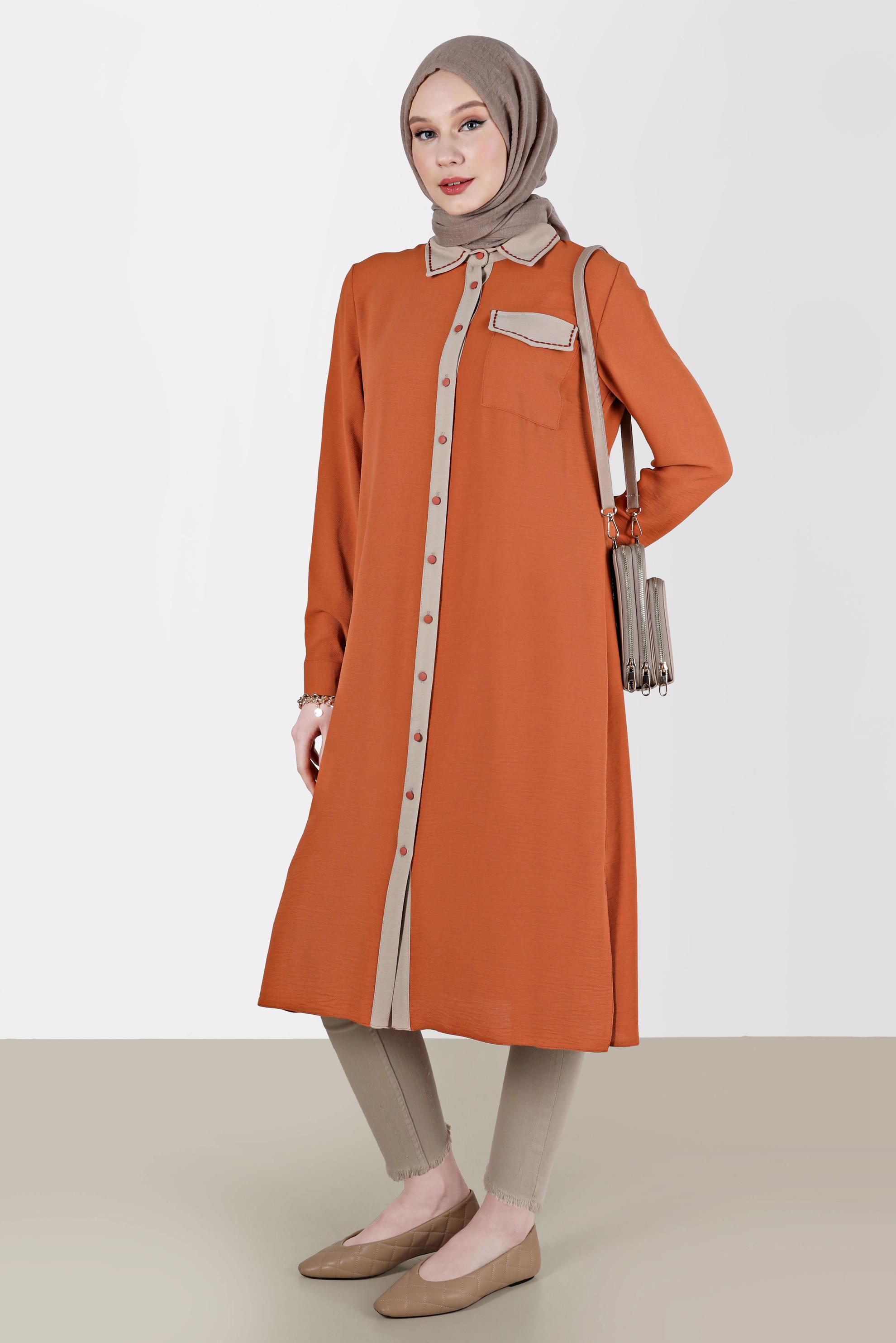 Tesettür giyim TABA BOYDAN DÜĞMELİ İKİ RENKLİ TUNİK 41727