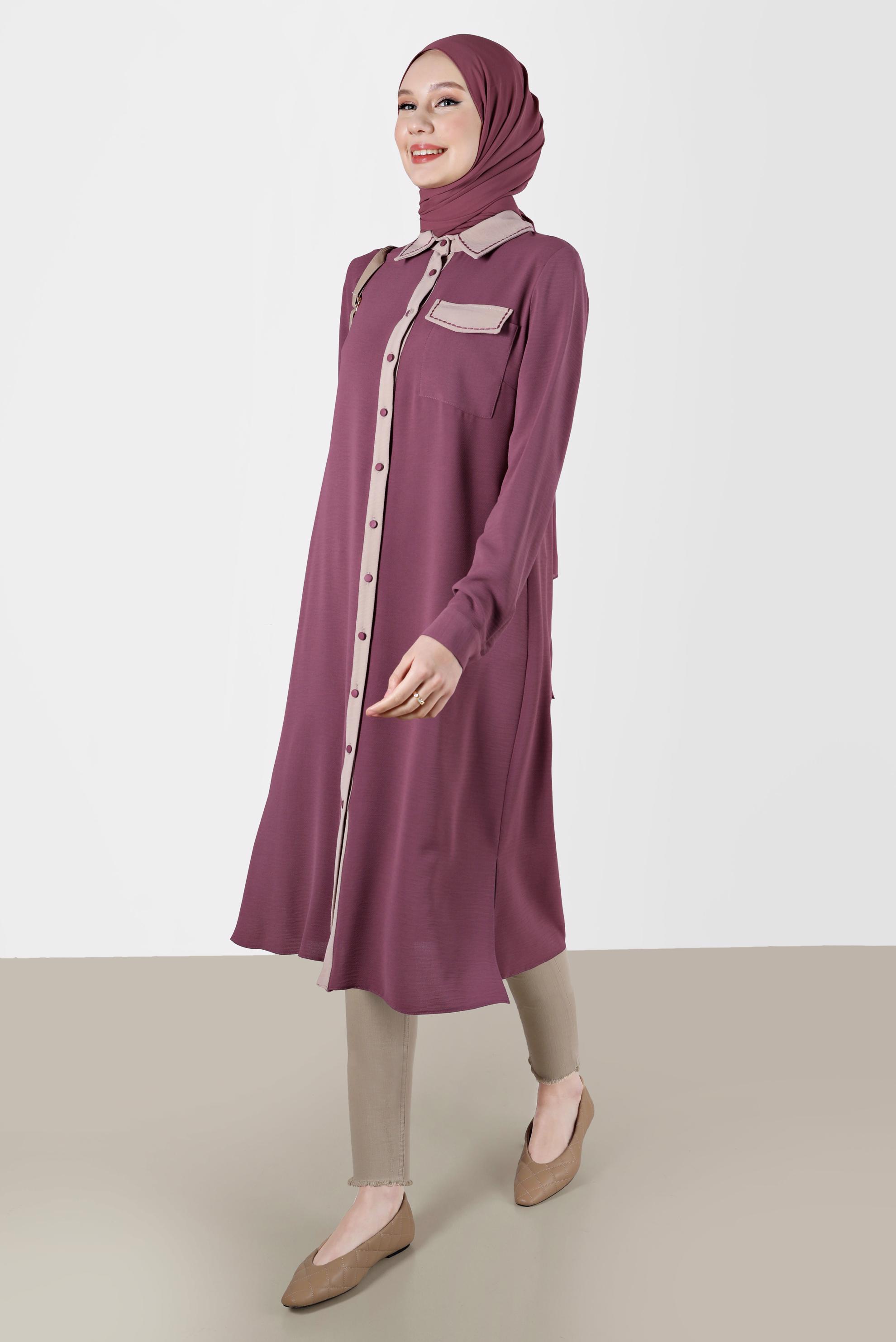 Tesettür giyim MOR BOYDAN DÜĞMELİ İKİ RENKLİ TUNİK 41727