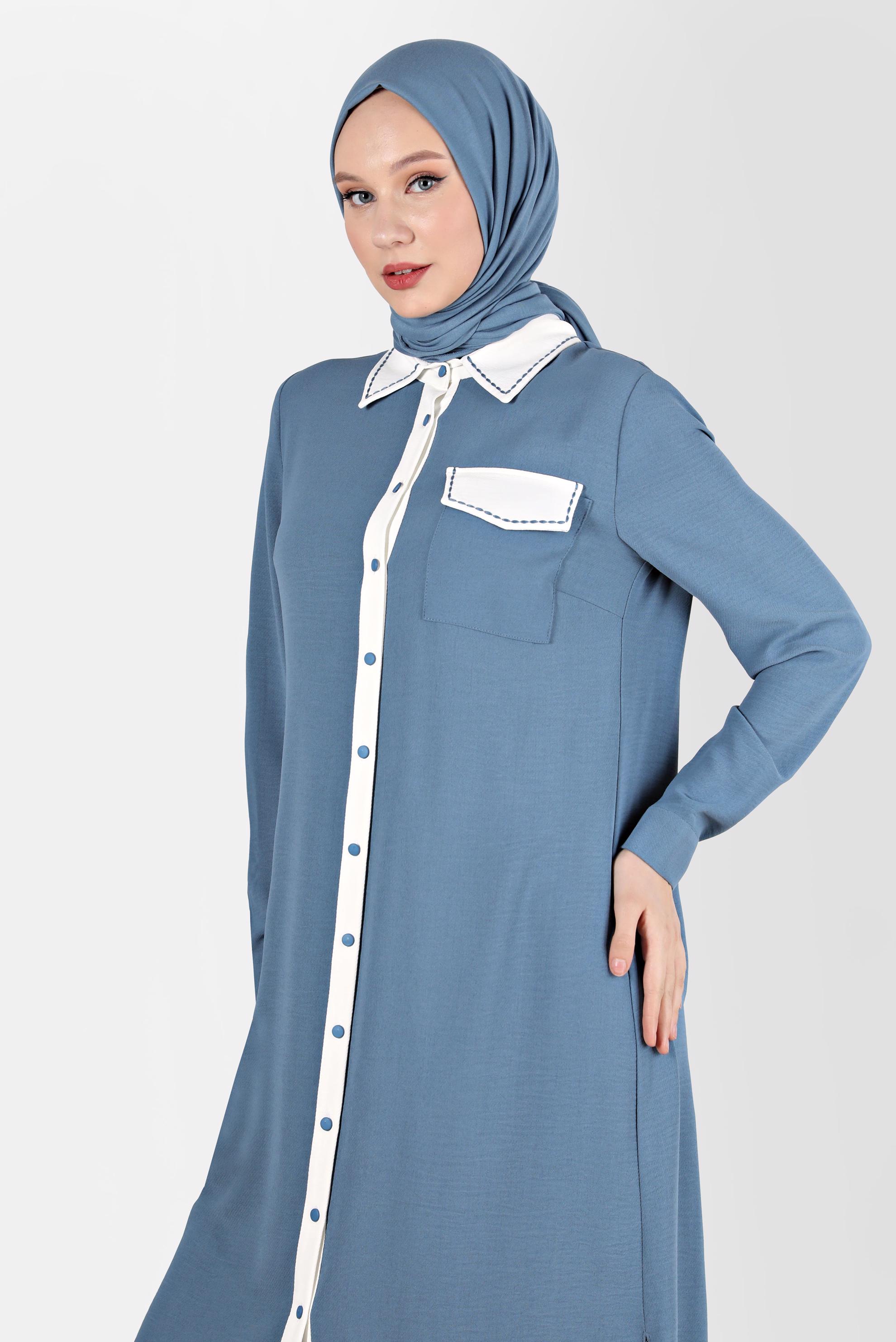 Tesettür giyim MAVİ BOYDAN DÜĞMELİ İKİ RENKLİ TUNİK 41727