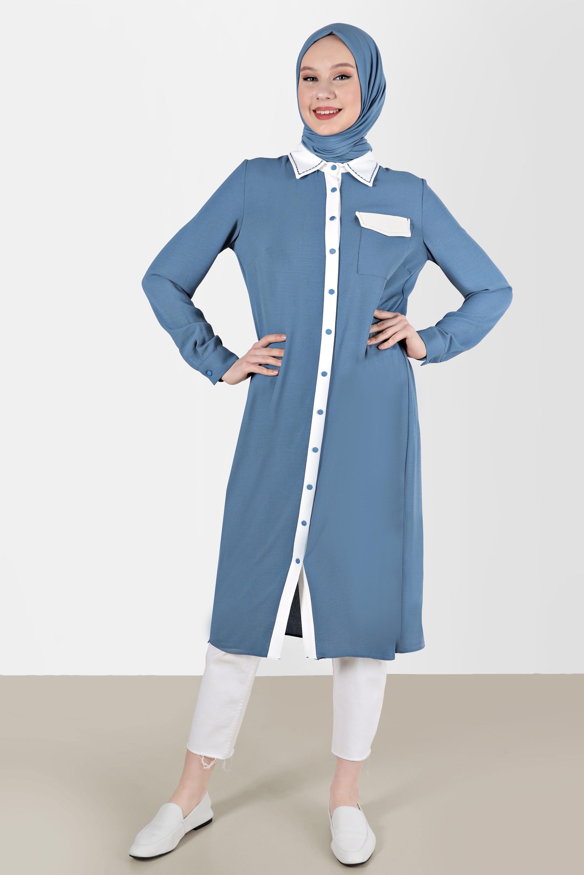 Tesettür giyim MAVİ BOYDAN DÜĞMELİ İKİ RENKLİ TUNİK 41727