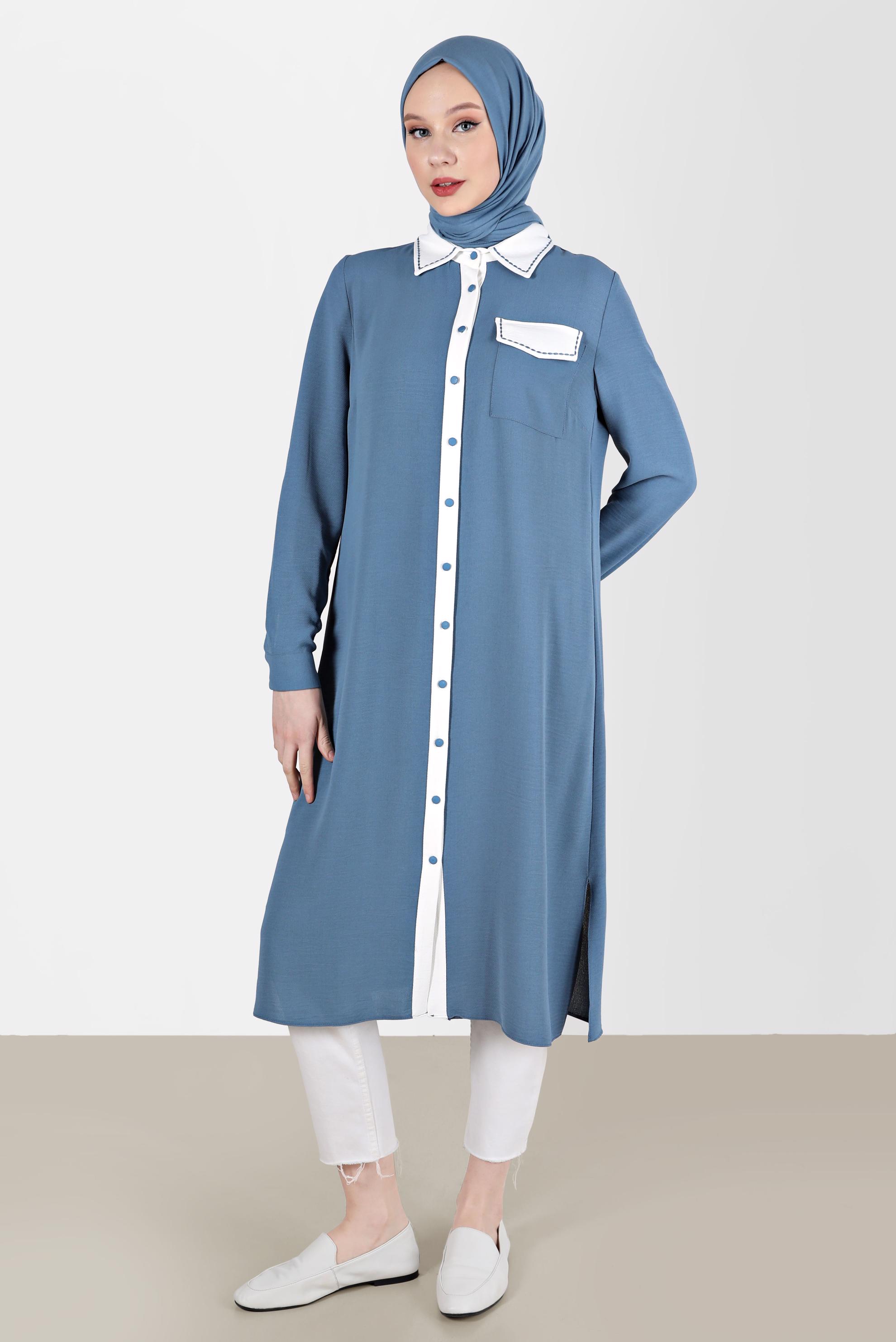 Tesettür giyim MAVİ BOYDAN DÜĞMELİ İKİ RENKLİ TUNİK 41727