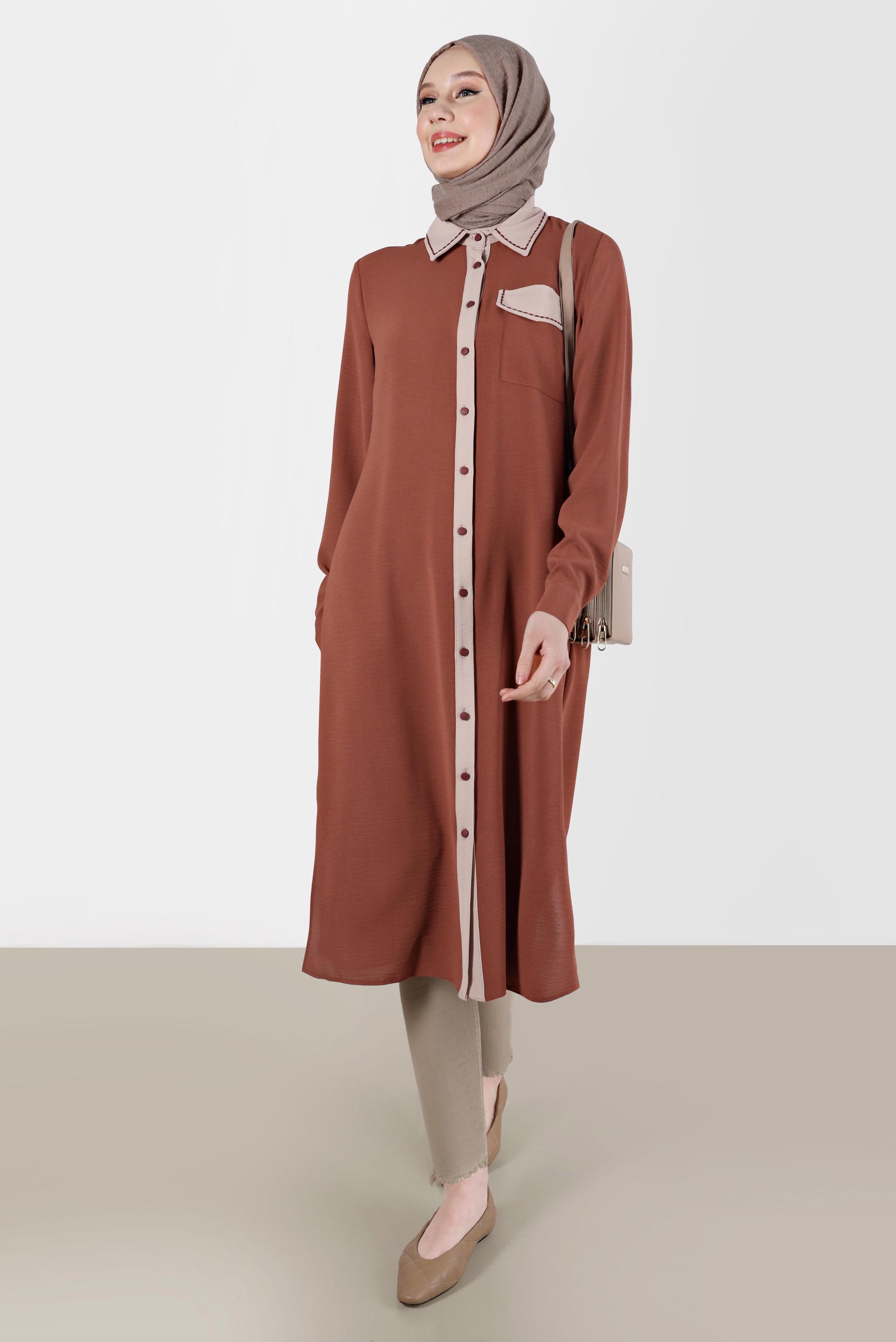 Tesettür giyim KAHVE BOYDAN DÜĞMELİ İKİ RENKLİ TUNİK 41727