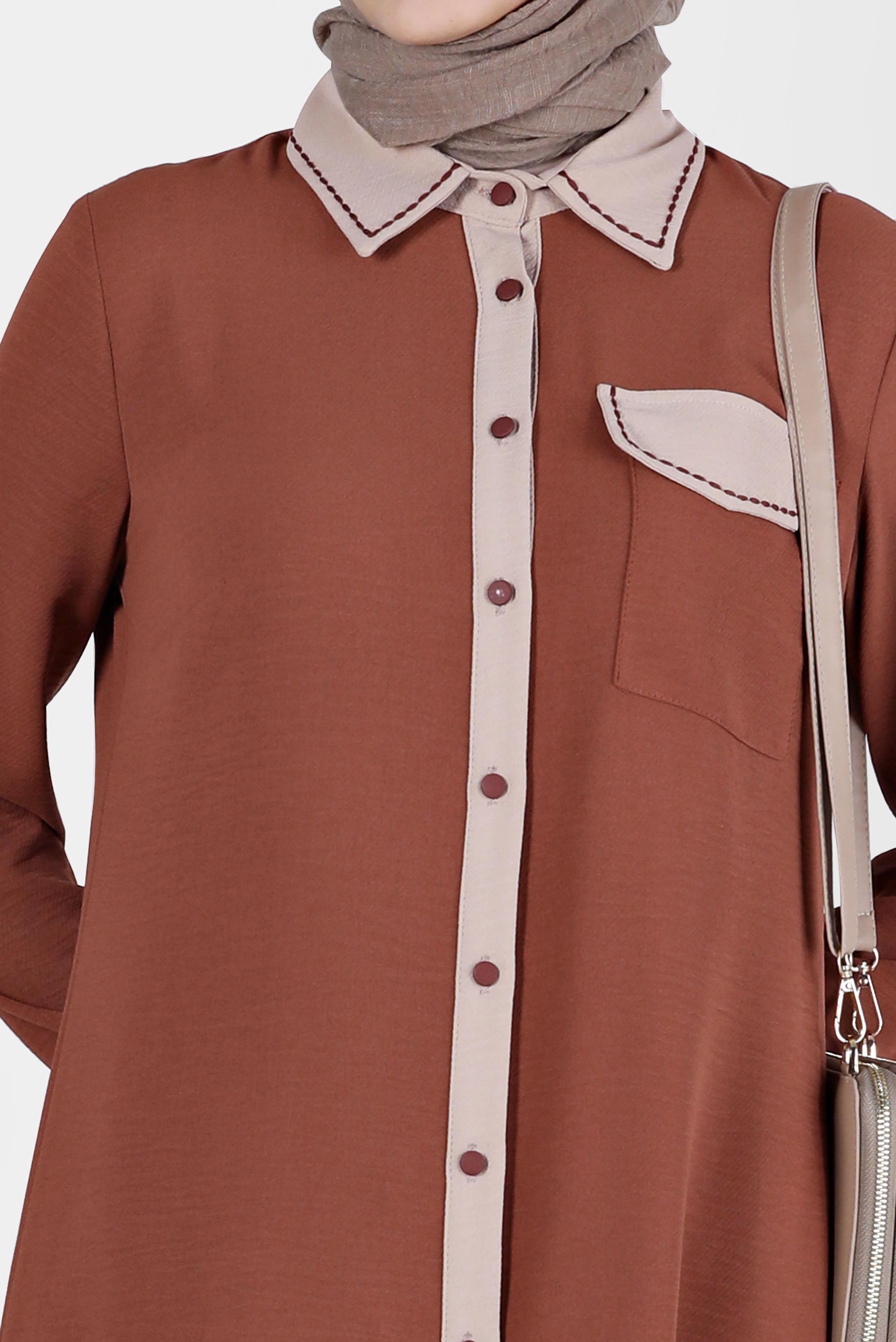 Tesettür giyim KAHVE BOYDAN DÜĞMELİ İKİ RENKLİ TUNİK 41727