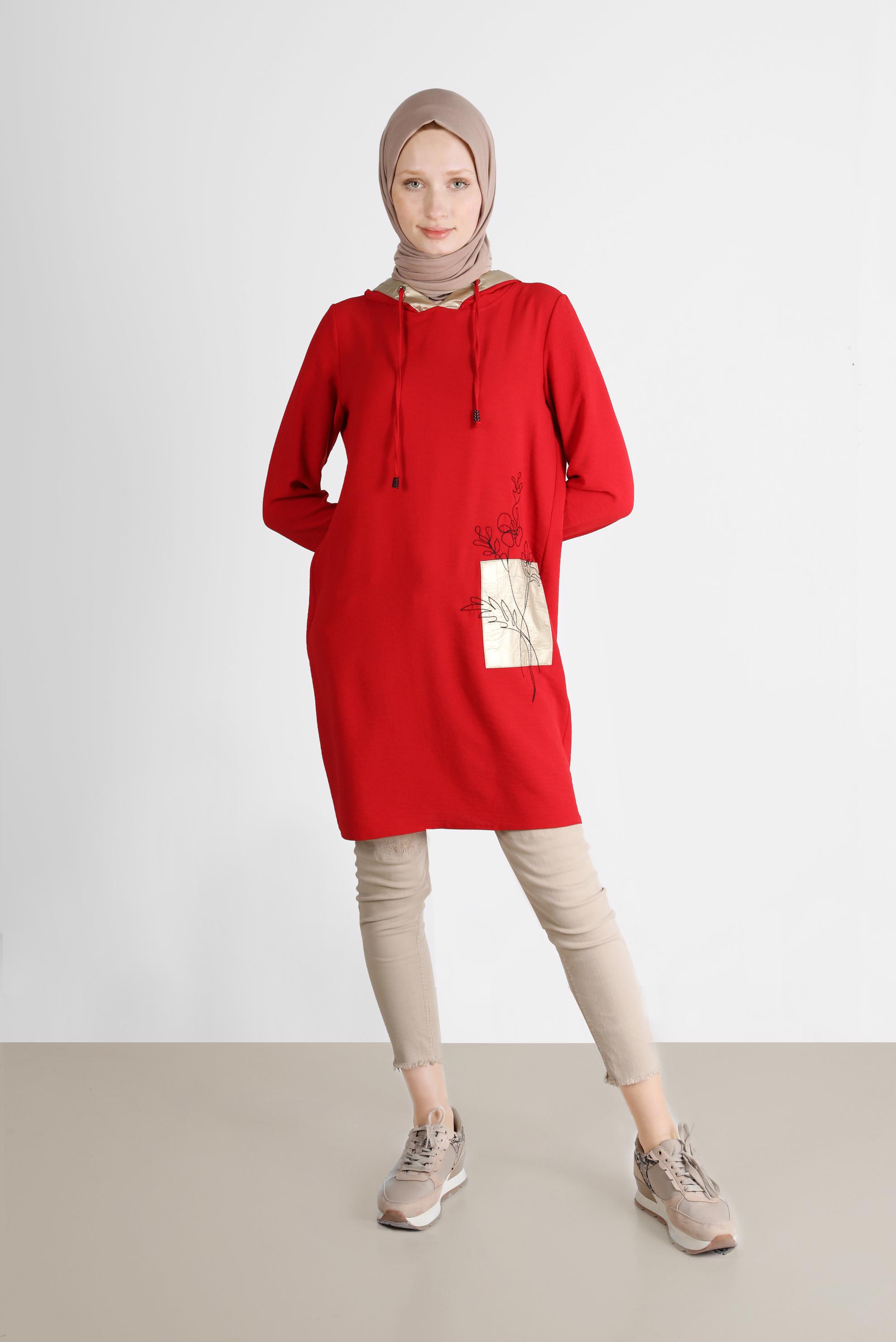 Tesettür giyim KIRMIZI NAKIŞLI KAPÜŞONLU TUNİK 41743