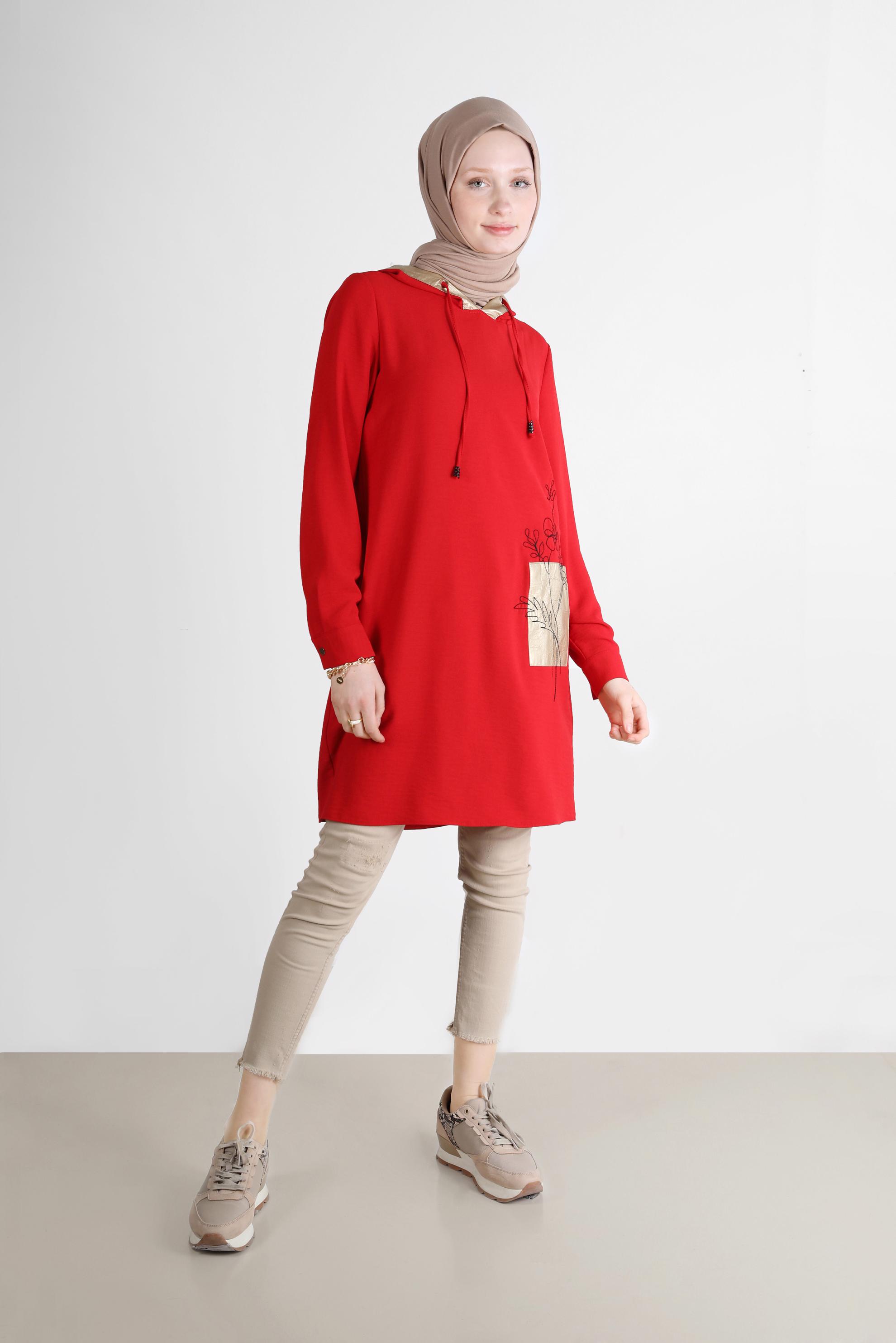 Tesettür giyim KIRMIZI NAKIŞLI KAPÜŞONLU TUNİK 41743
