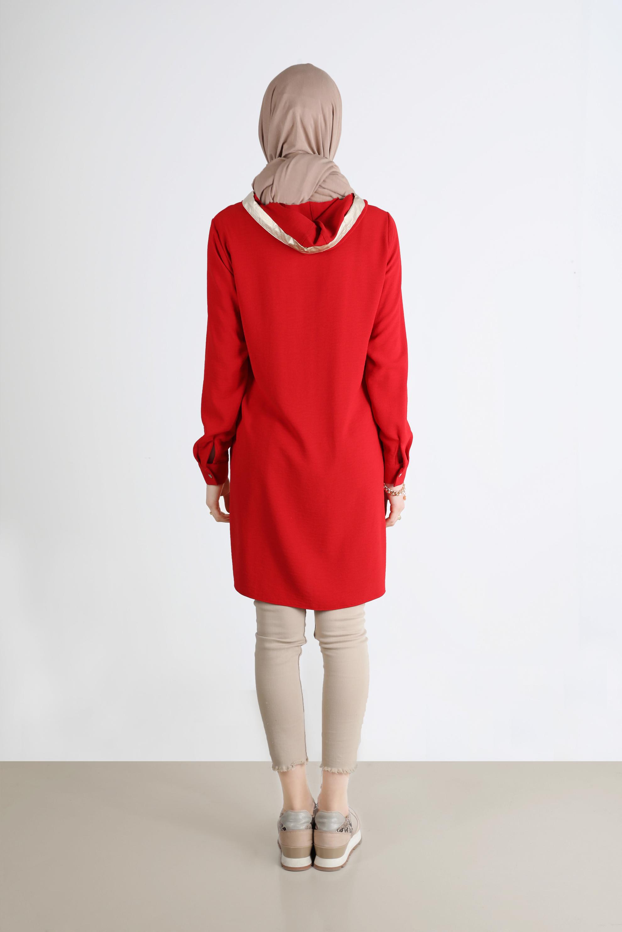 Tesettür giyim KIRMIZI NAKIŞLI KAPÜŞONLU TUNİK 41743