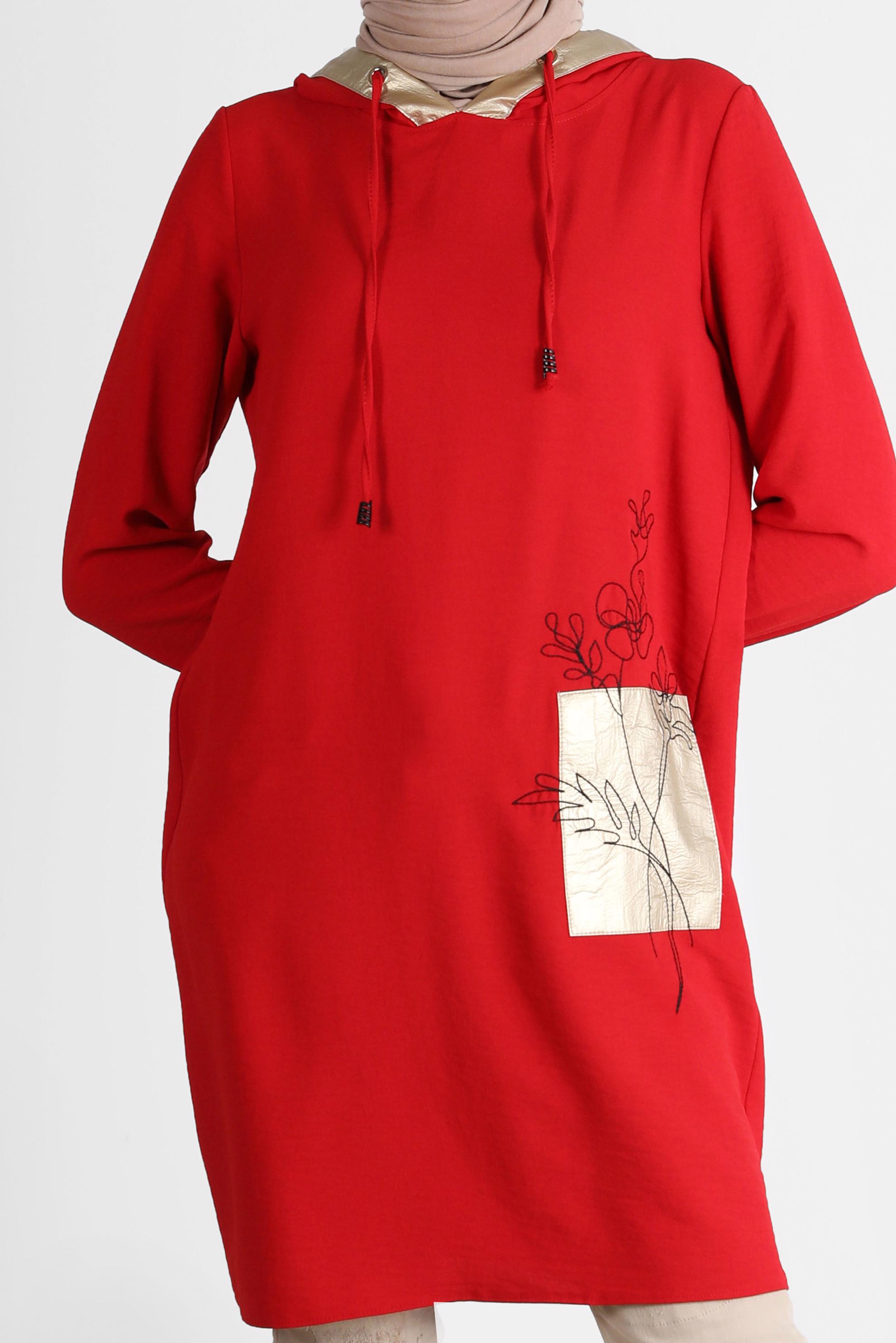 Tesettür giyim KIRMIZI NAKIŞLI KAPÜŞONLU TUNİK 41743