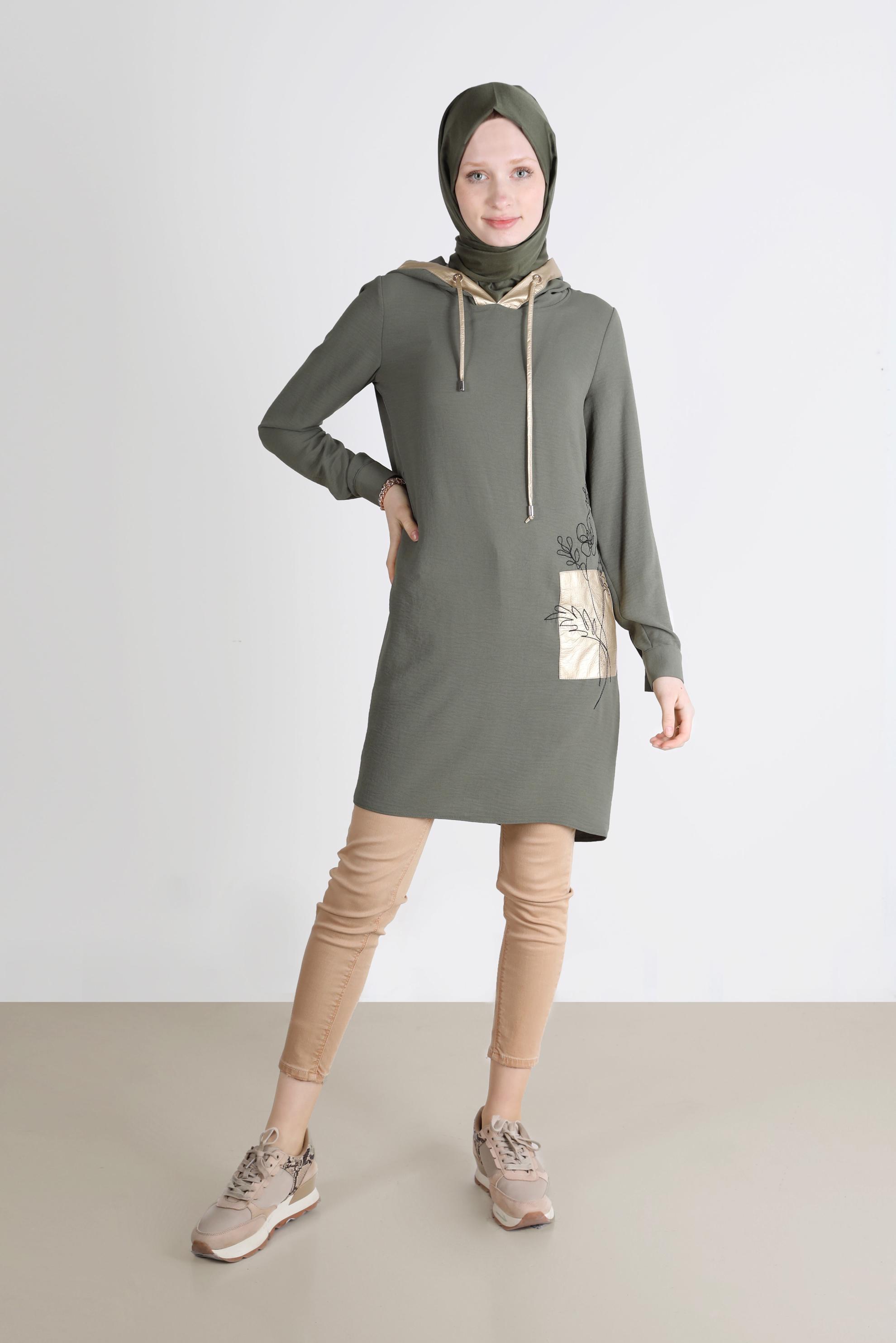 Tesettür giyim HAKİ NAKIŞLI KAPÜŞONLU TUNİK 41743