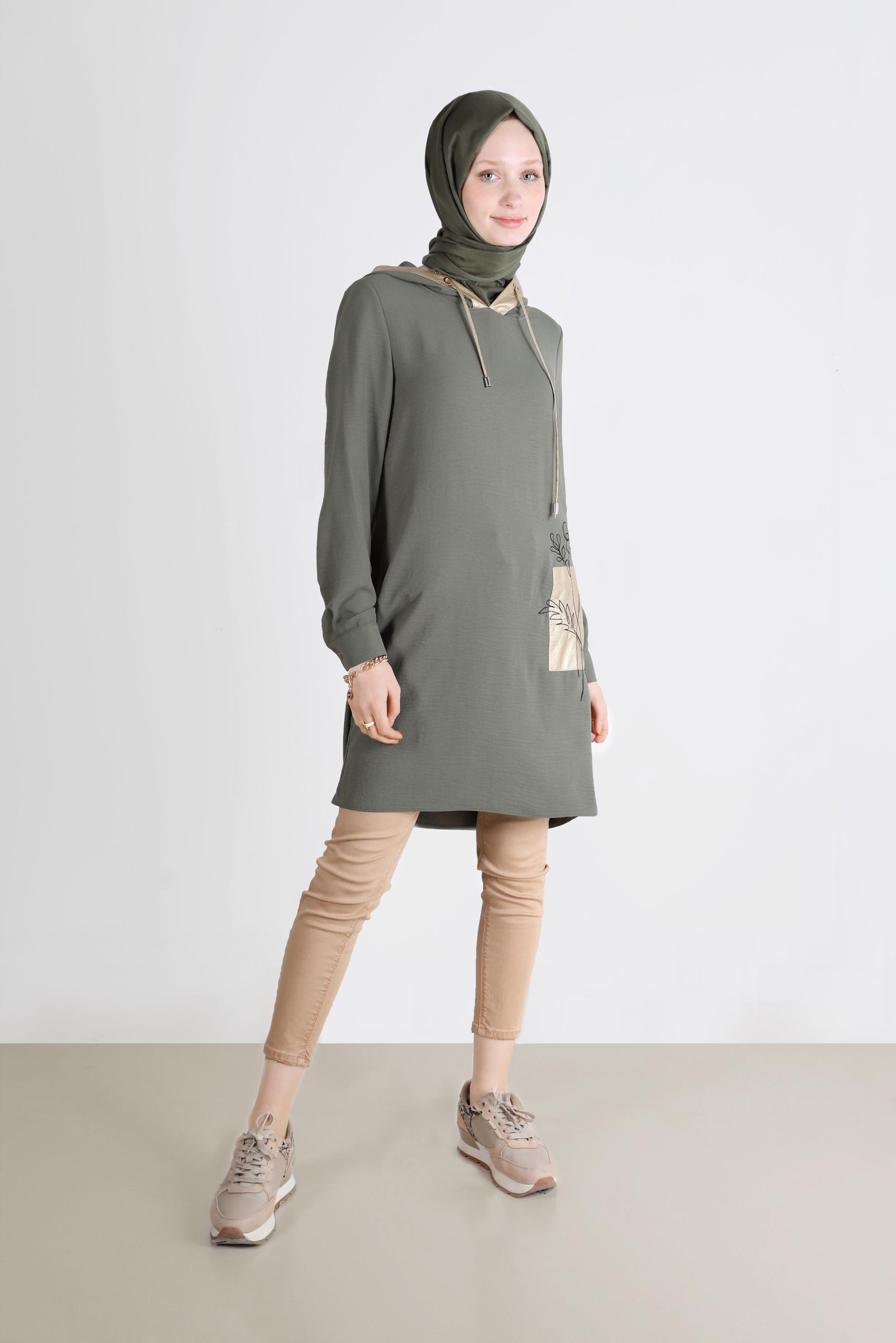 Tesettür giyim HAKİ NAKIŞLI KAPÜŞONLU TUNİK 41743