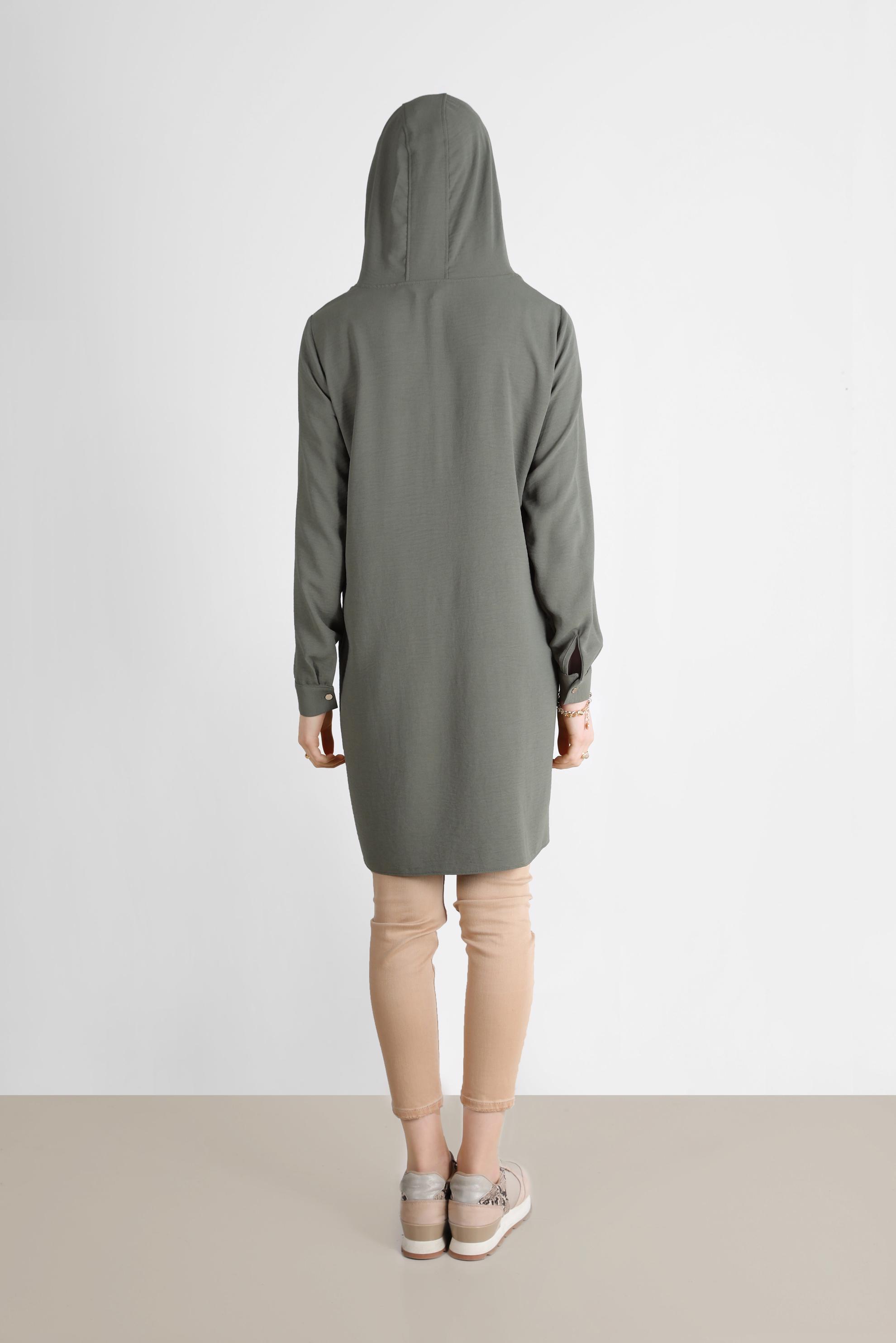 Tesettür giyim HAKİ NAKIŞLI KAPÜŞONLU TUNİK 41743