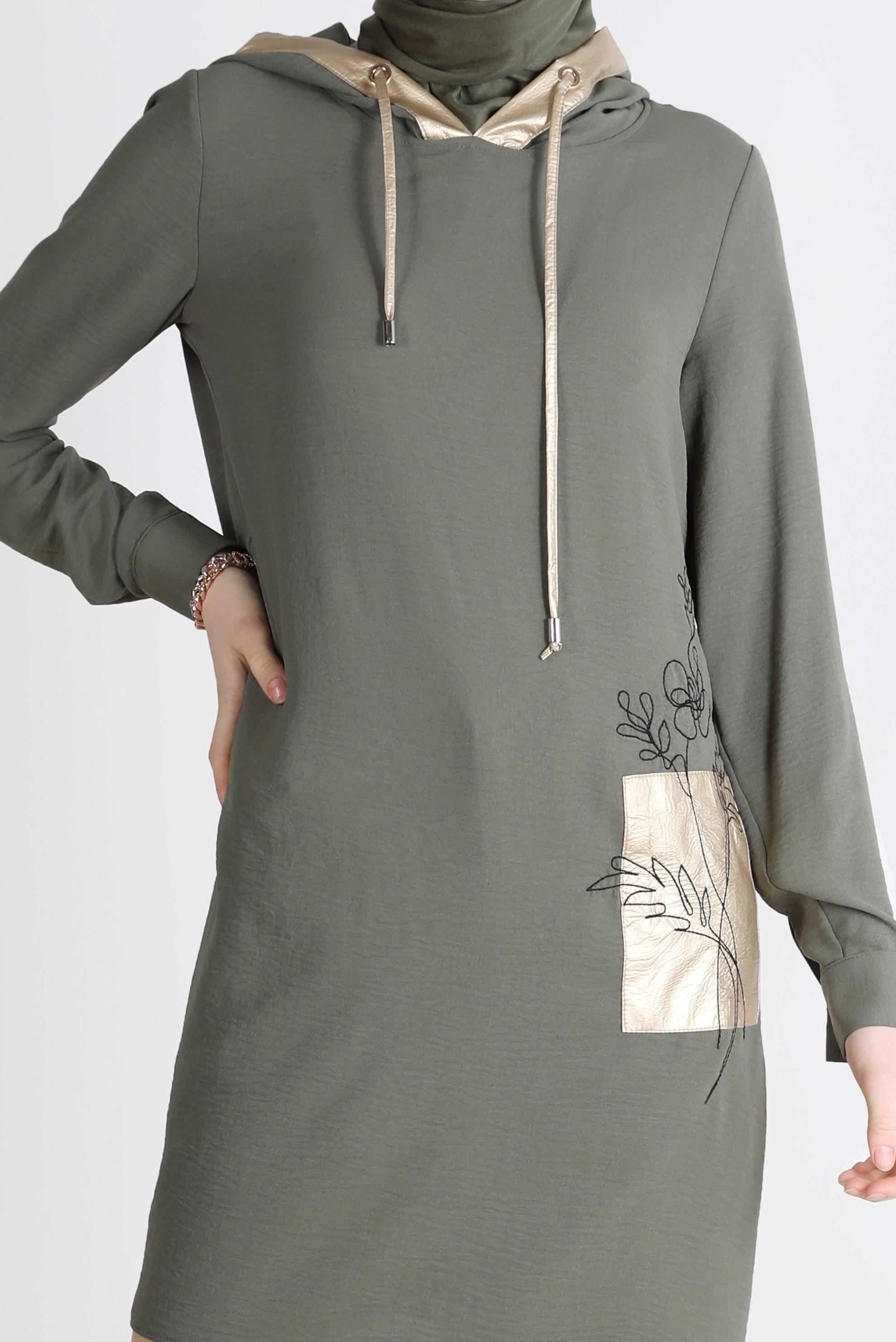 Tesettür giyim HAKİ NAKIŞLI KAPÜŞONLU TUNİK 41743