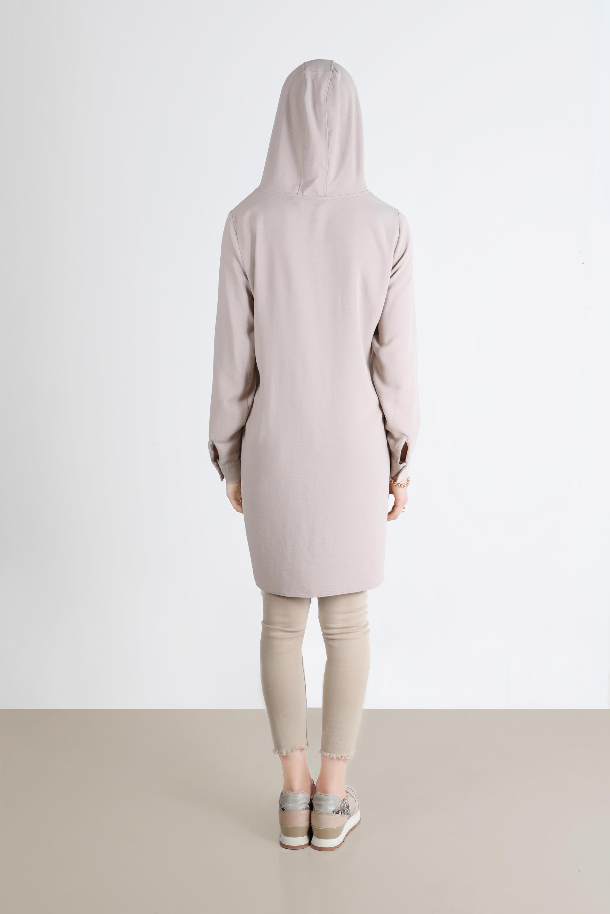 Tesettür giyim BEJ NAKIŞLI KAPÜŞONLU TUNİK 41743