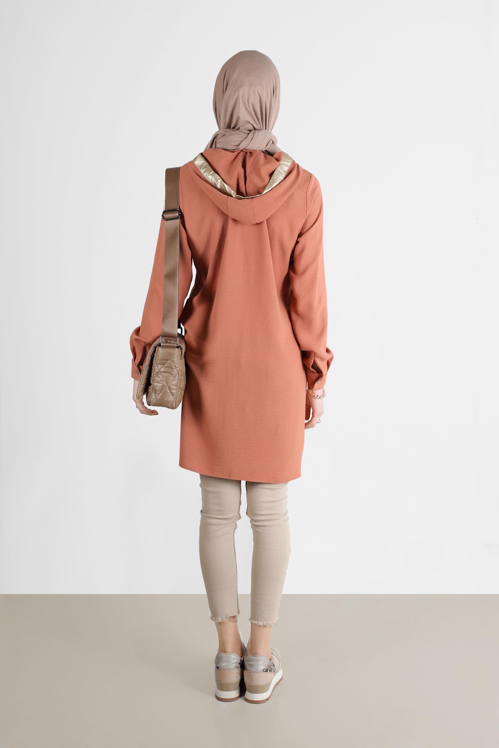 Tesettür giyim KAHVE NAKIŞLI KAPÜŞONLU TUNİK 41743