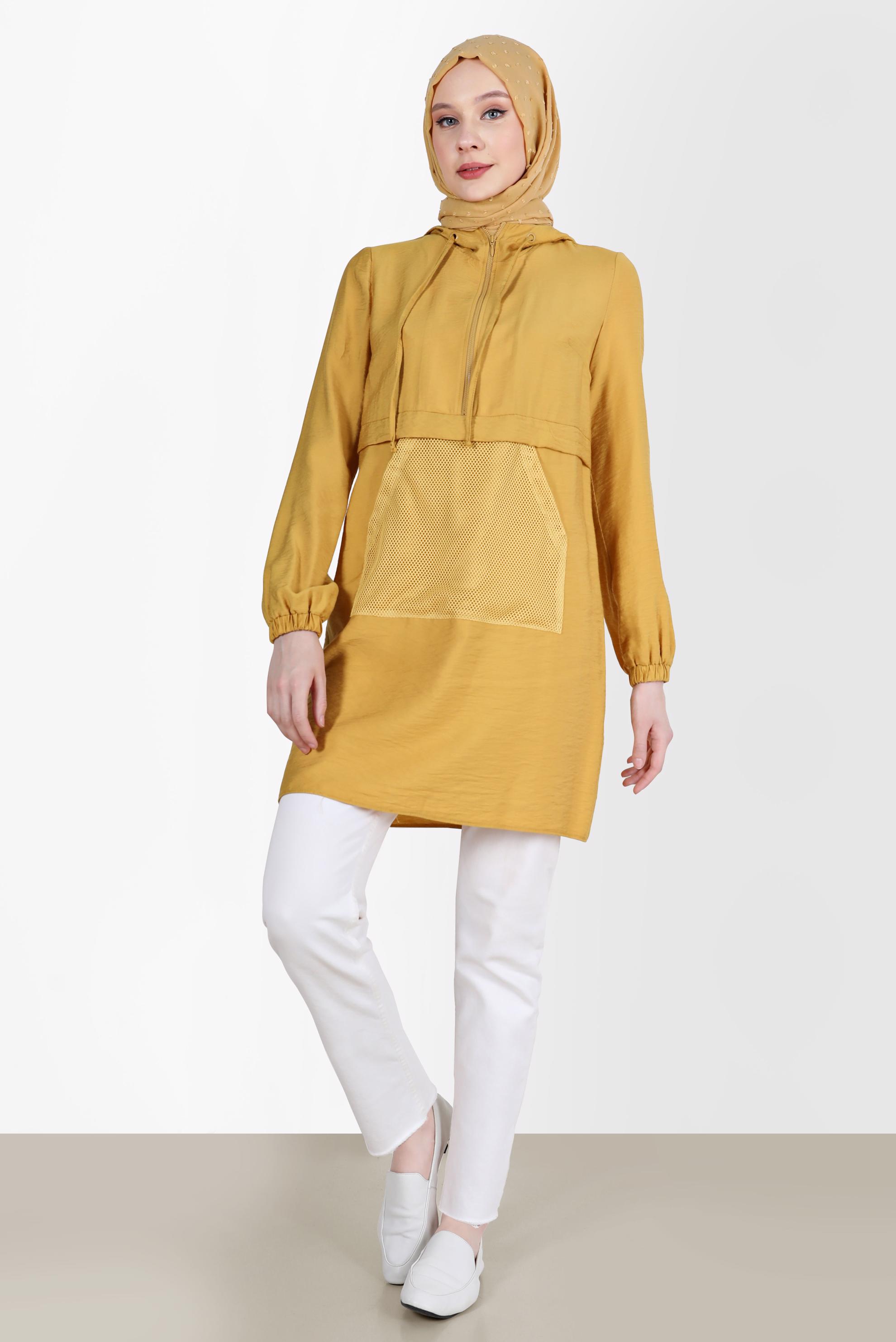 Tesettür giyim SARI FİLE DETAYLI KAPÜŞONLU TUNİK 41745 
