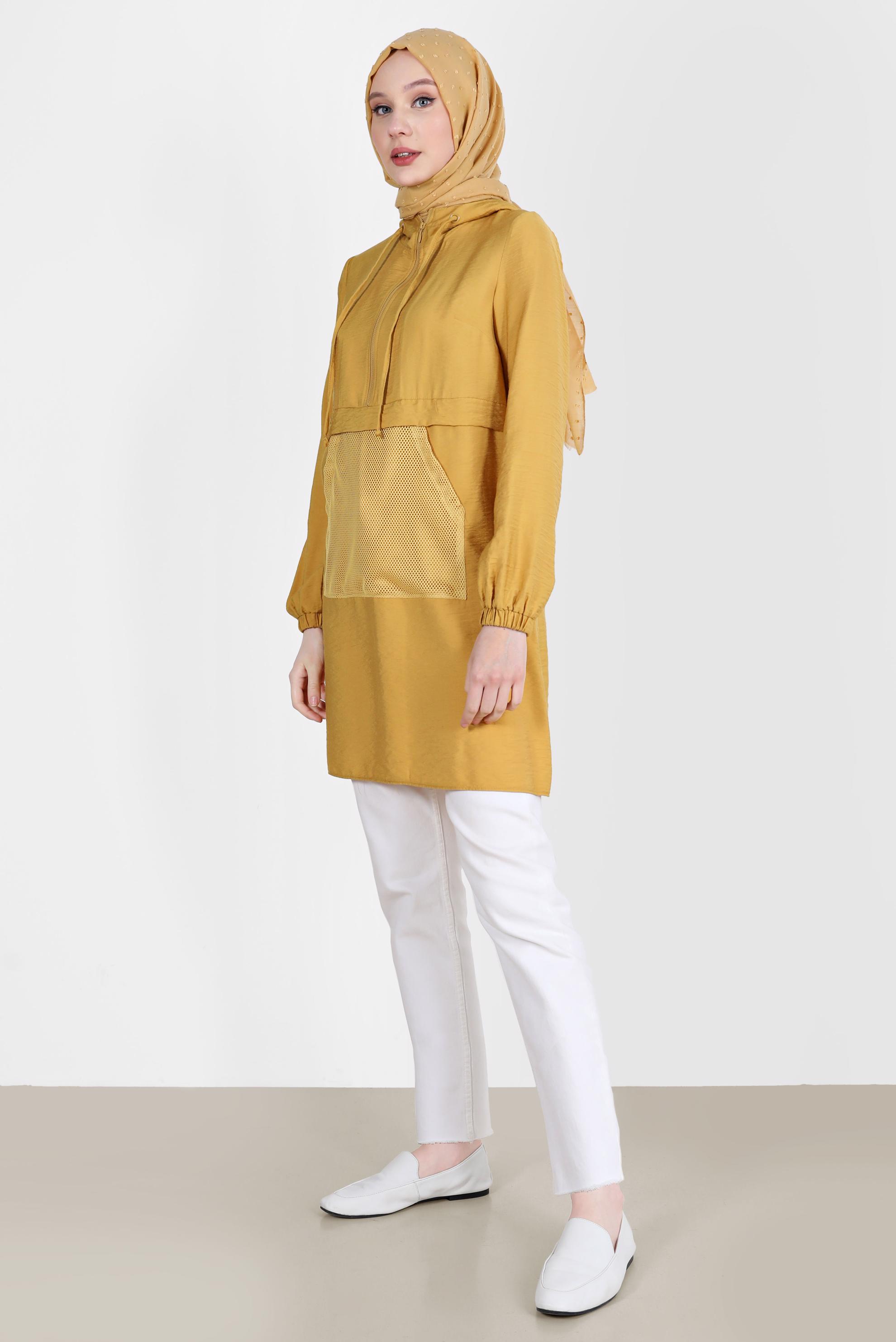 Tesettür giyim SARI FİLE DETAYLI KAPÜŞONLU TUNİK 41745 