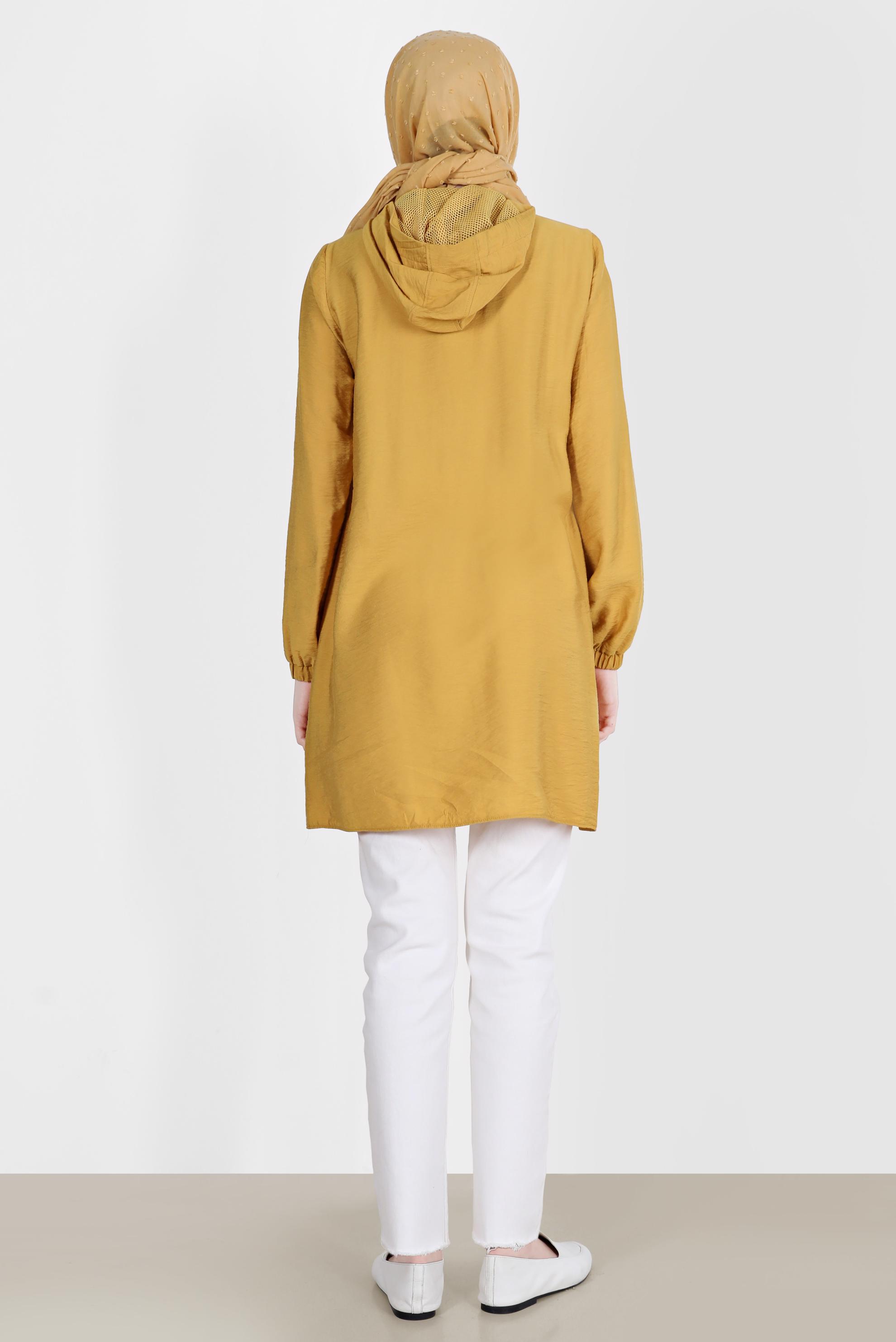 Tesettür giyim SARI FİLE DETAYLI KAPÜŞONLU TUNİK 41745 
