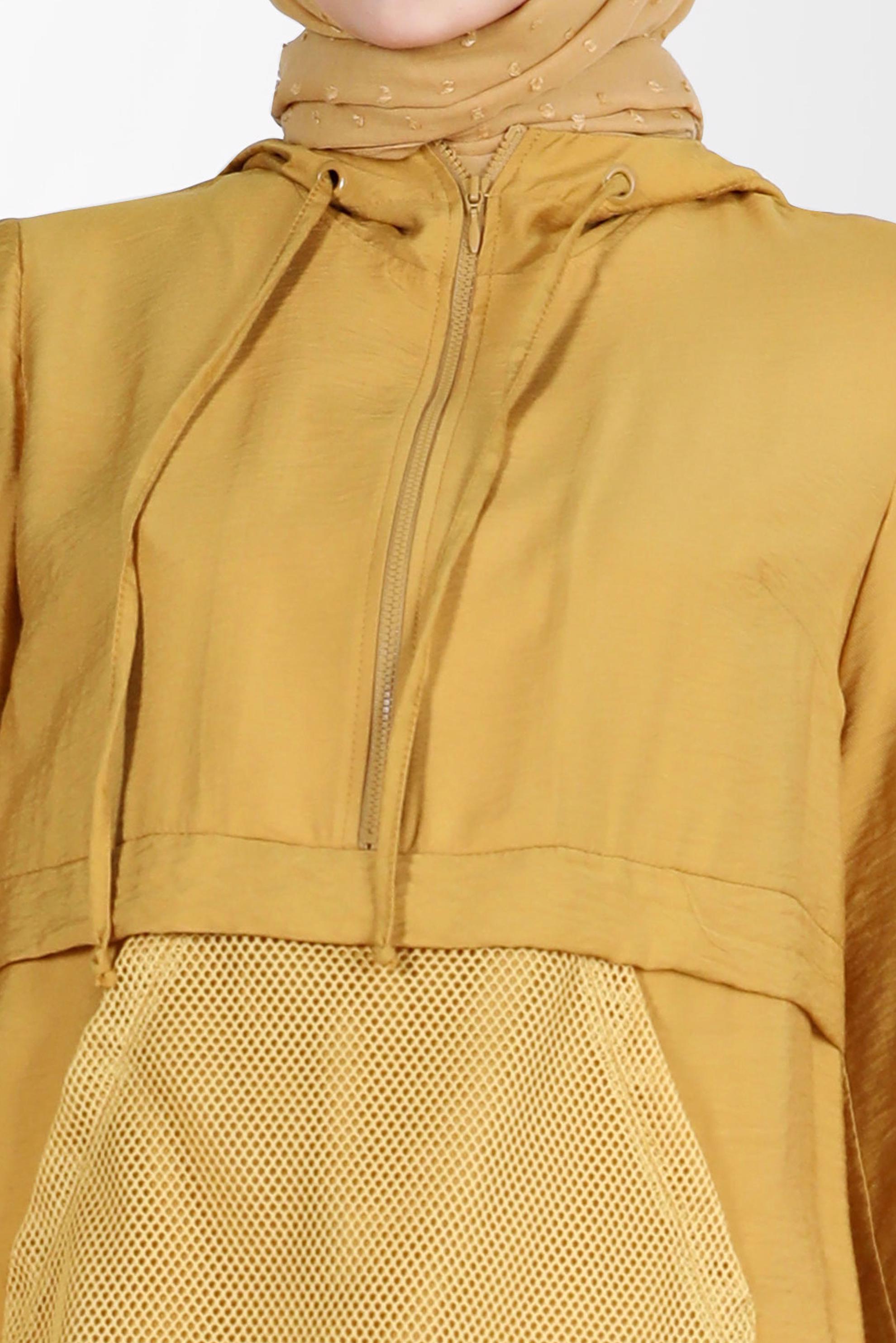 Tesettür giyim SARI FİLE DETAYLI KAPÜŞONLU TUNİK 41745 