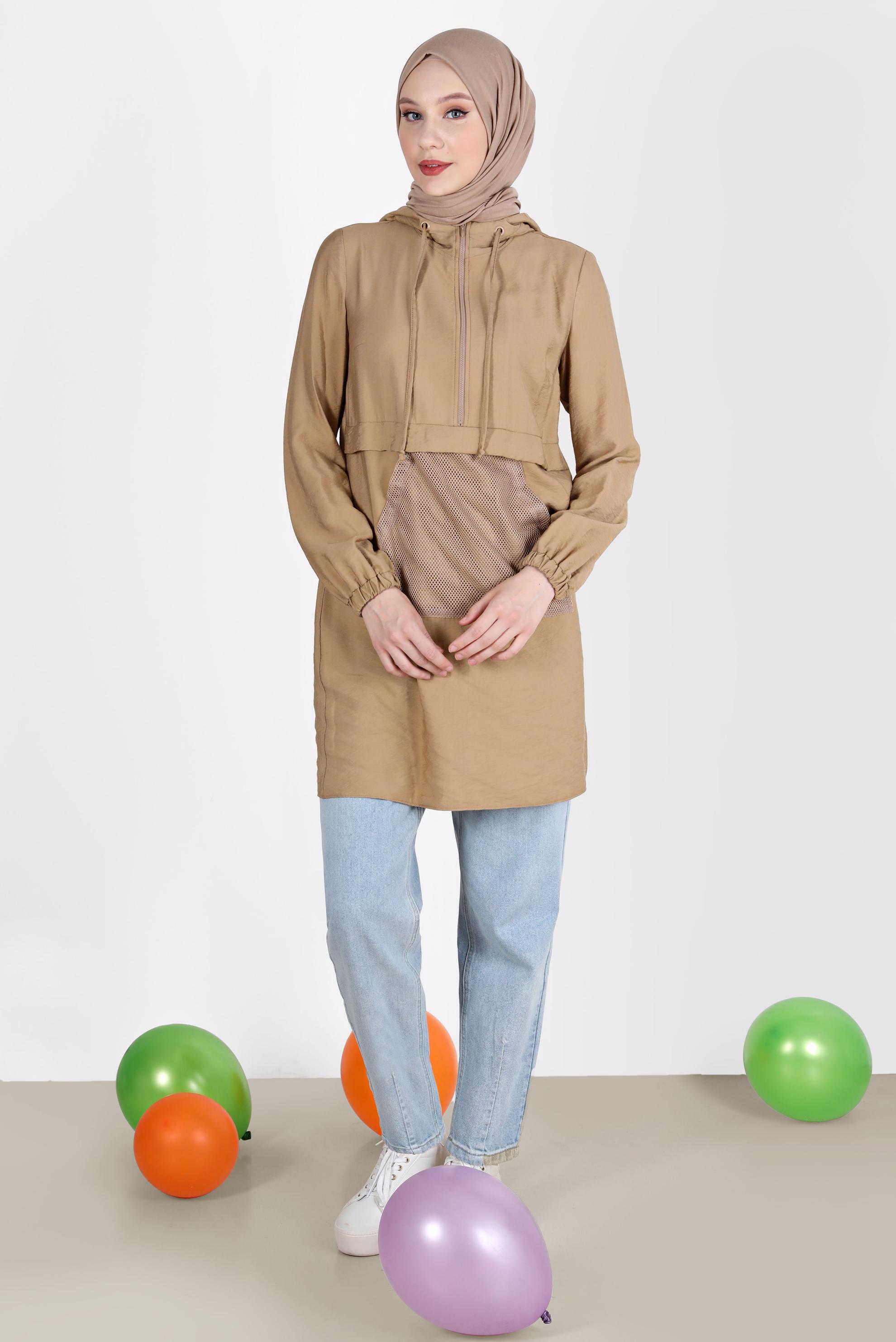 Tesettür giyim KAHVE FİLE DETAYLI KAPÜŞONLU TUNİK 41745 