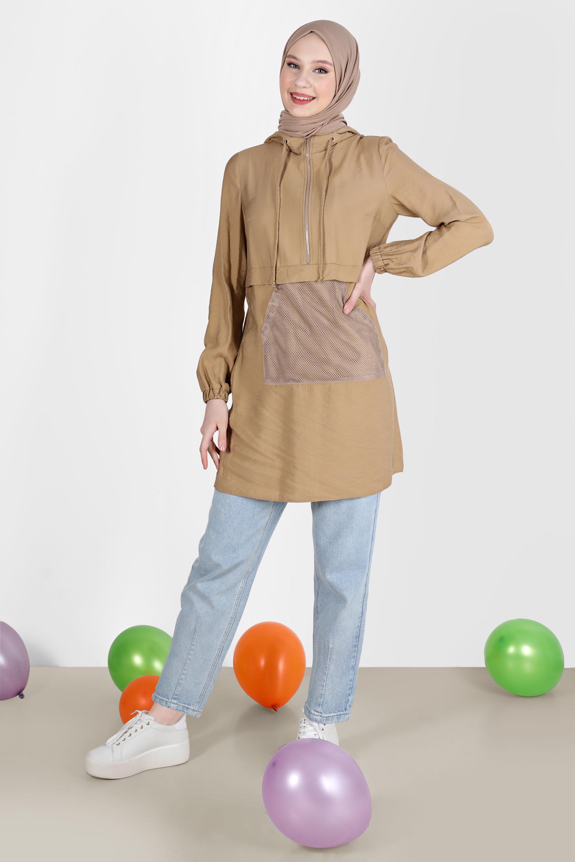 Tesettür giyim KAHVE FİLE DETAYLI KAPÜŞONLU TUNİK 41745 