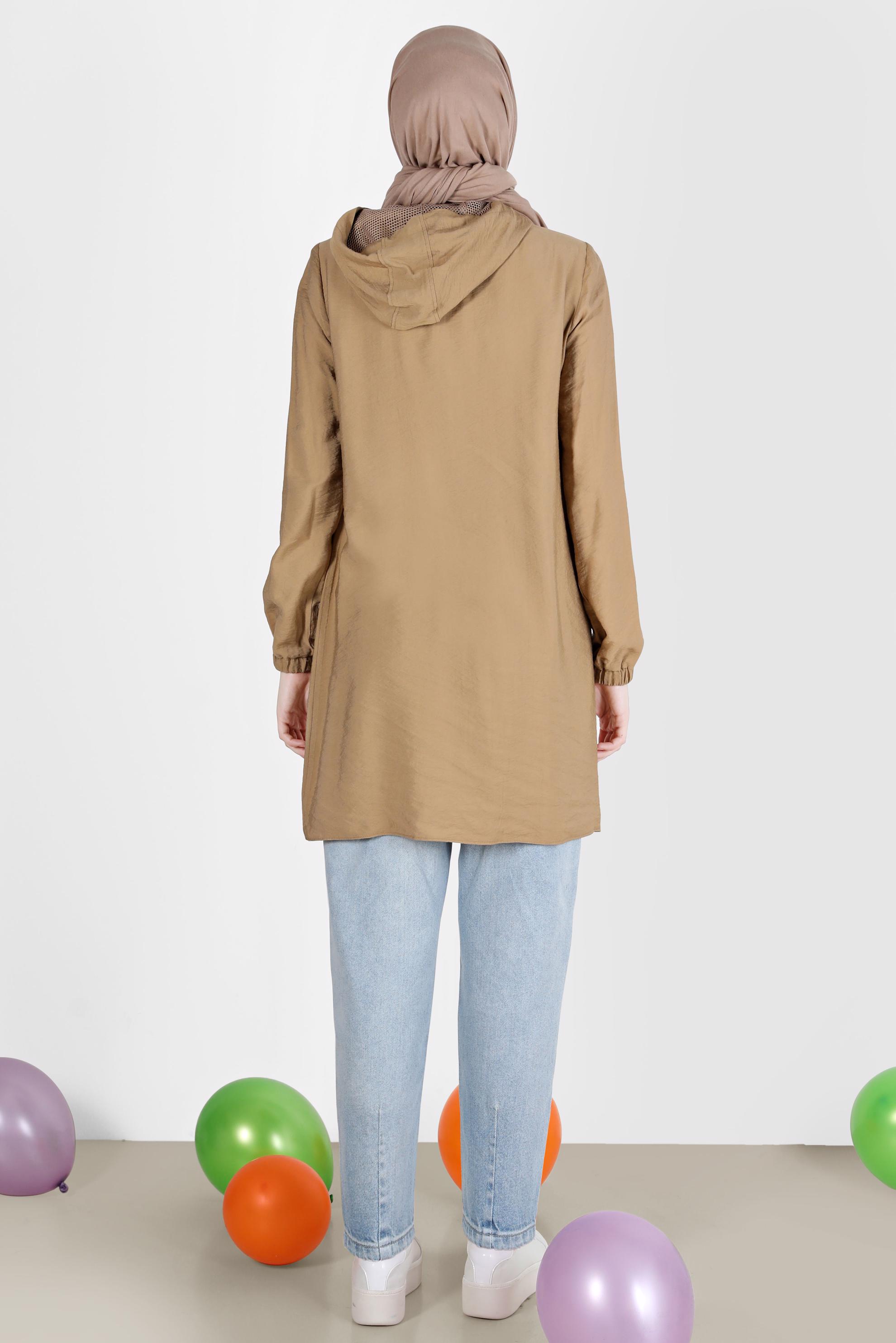 Tesettür giyim KAHVE FİLE DETAYLI KAPÜŞONLU TUNİK 41745 