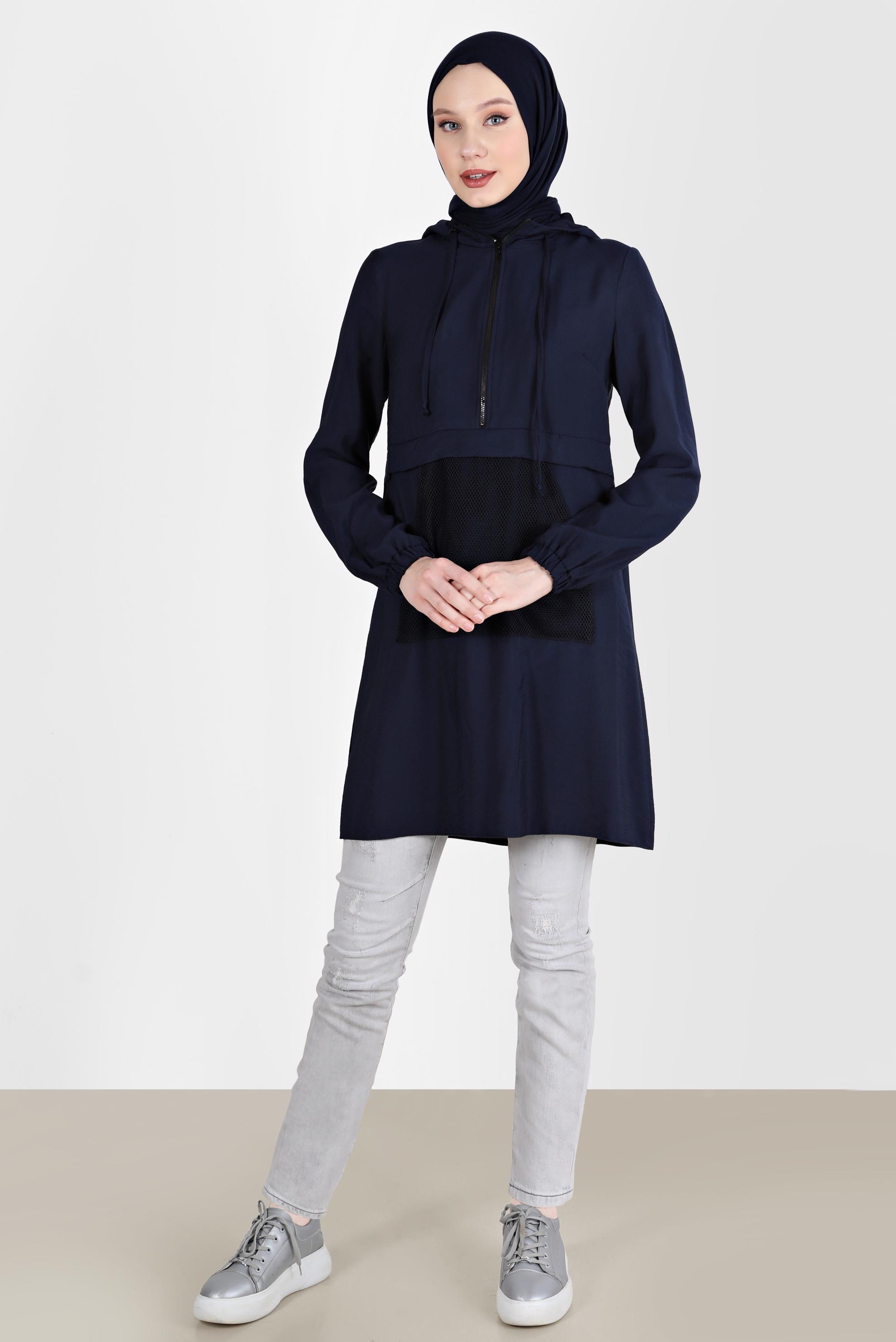 Tesettür giyim LACİVERT FİLE DETAYLI KAPÜŞONLU TUNİK 41745 
