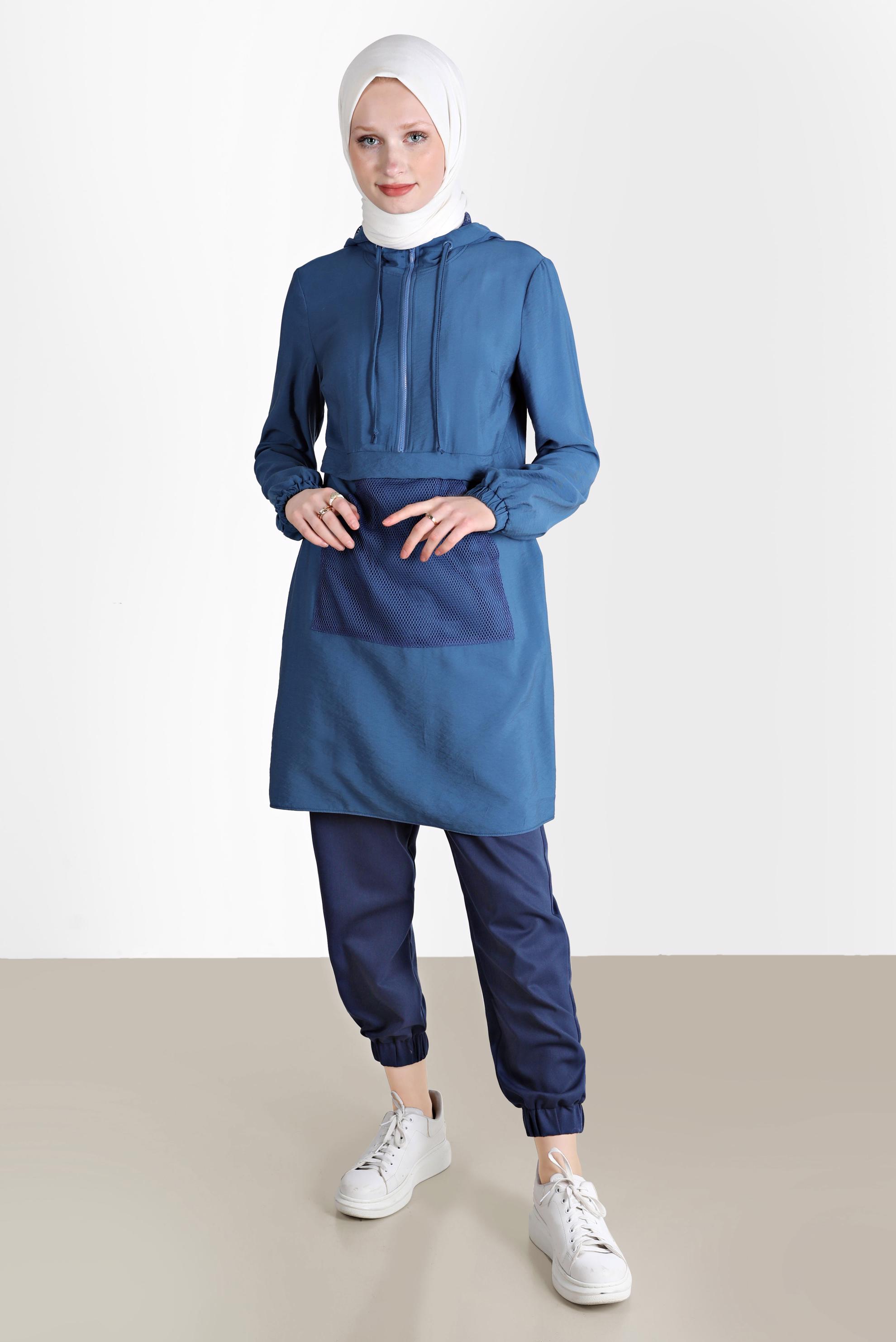 Tesettür giyim LACİVERT FİLE DETAYLI KAPÜŞONLU TUNİK 41745 