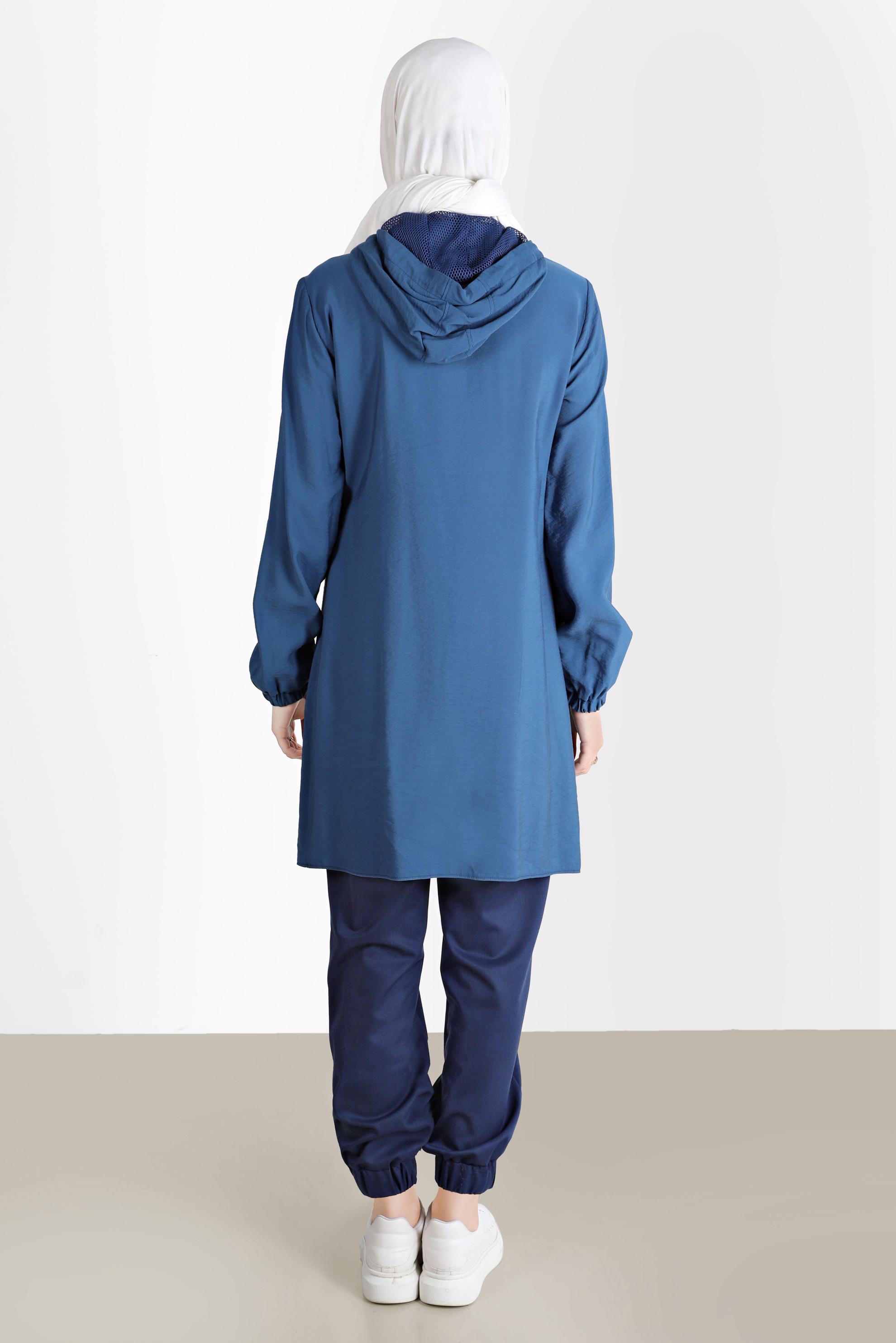 Tesettür giyim LACİVERT FİLE DETAYLI KAPÜŞONLU TUNİK 41745 