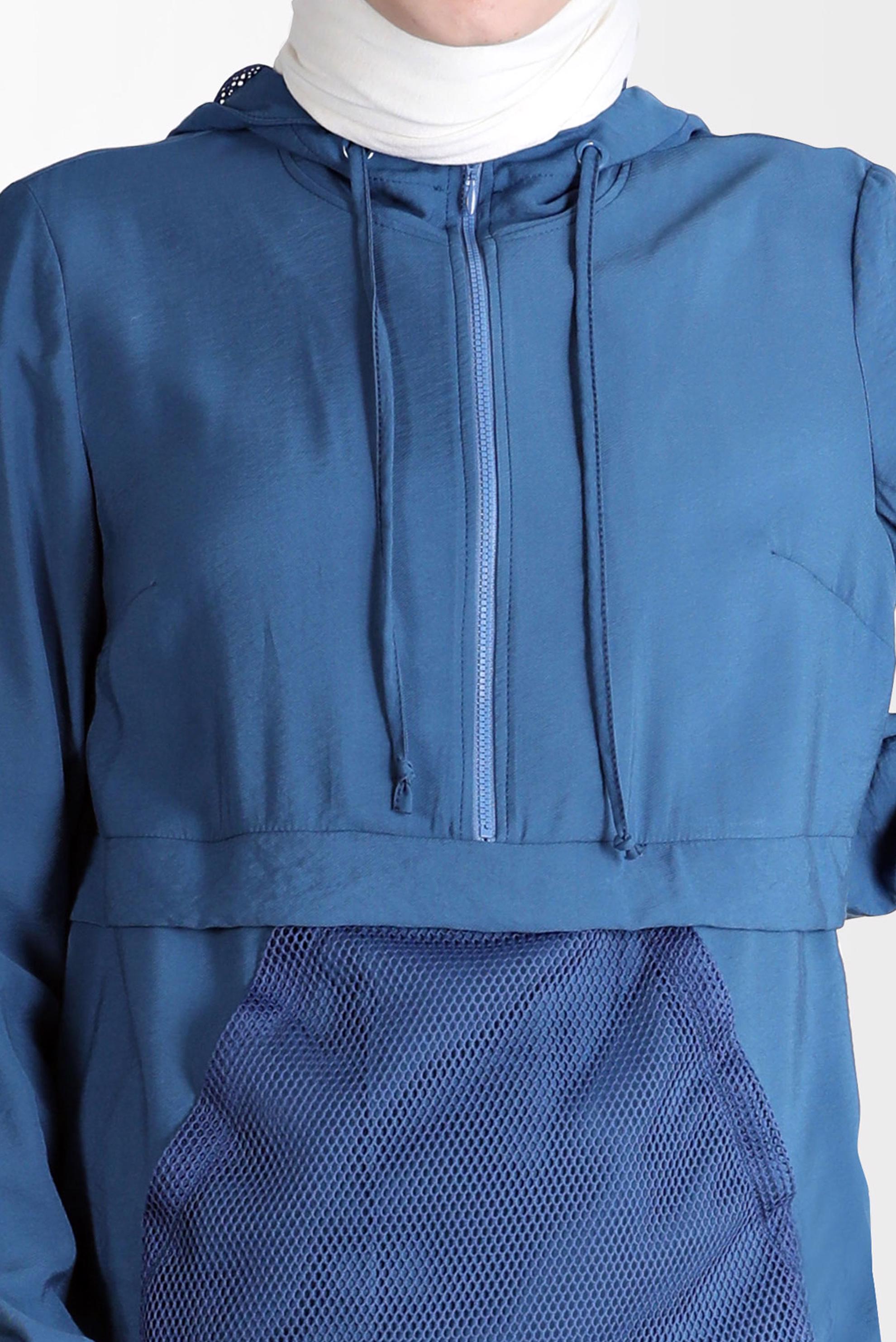 Tesettür giyim LACİVERT FİLE DETAYLI KAPÜŞONLU TUNİK 41745 