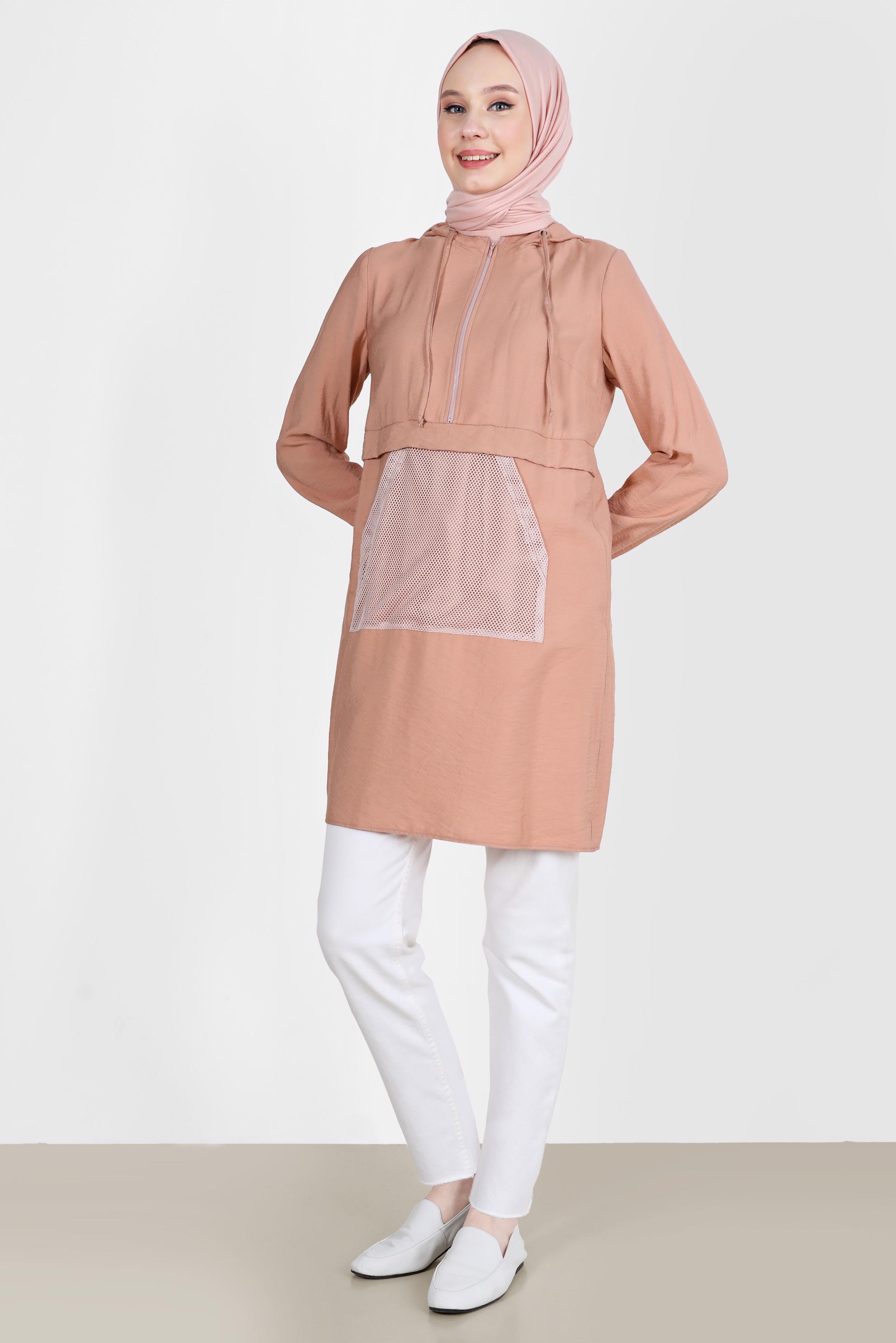 Tesettür giyim PUDRA FİLE DETAYLI KAPÜŞONLU TUNİK 41745 