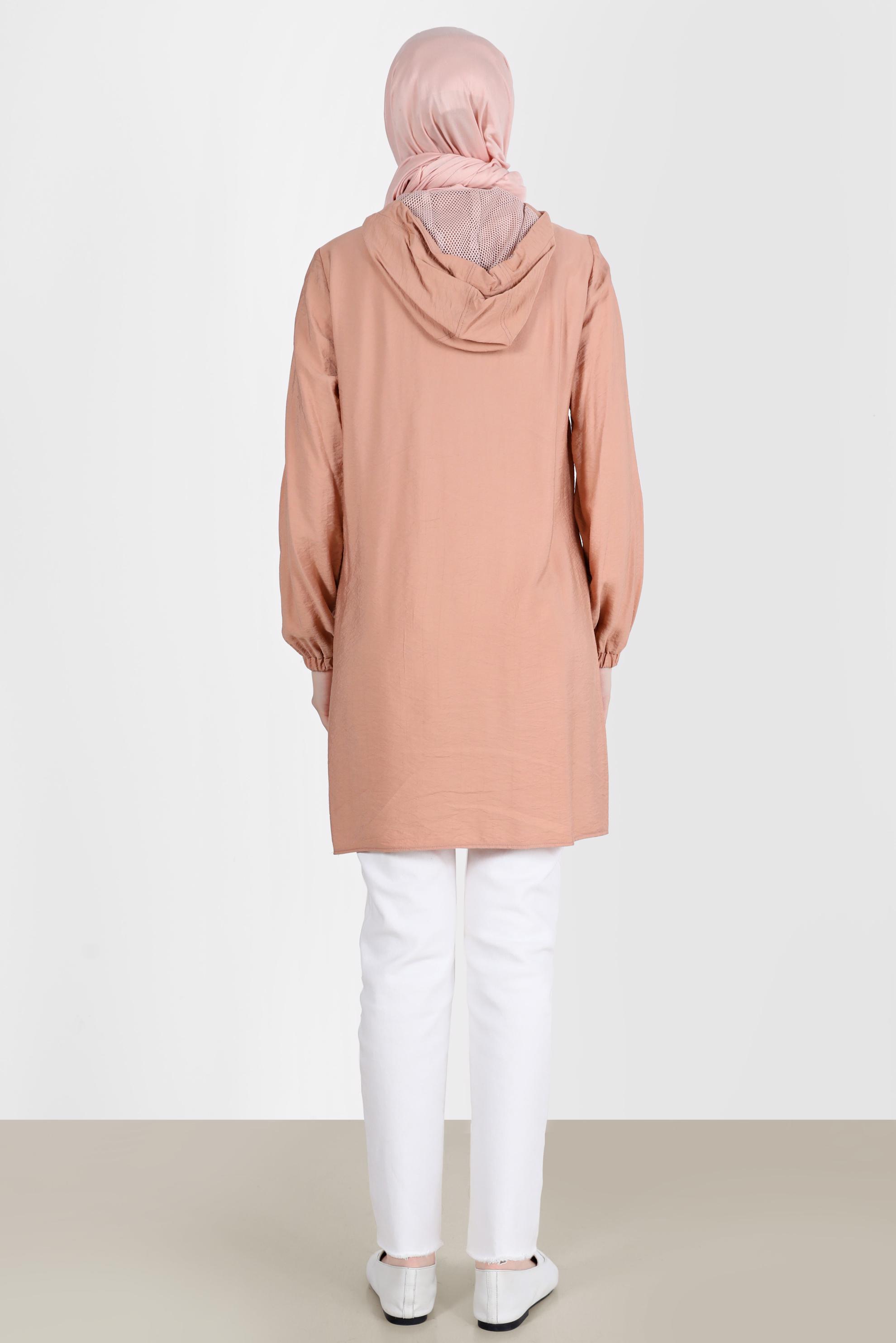 Tesettür giyim PUDRA FİLE DETAYLI KAPÜŞONLU TUNİK 41745 